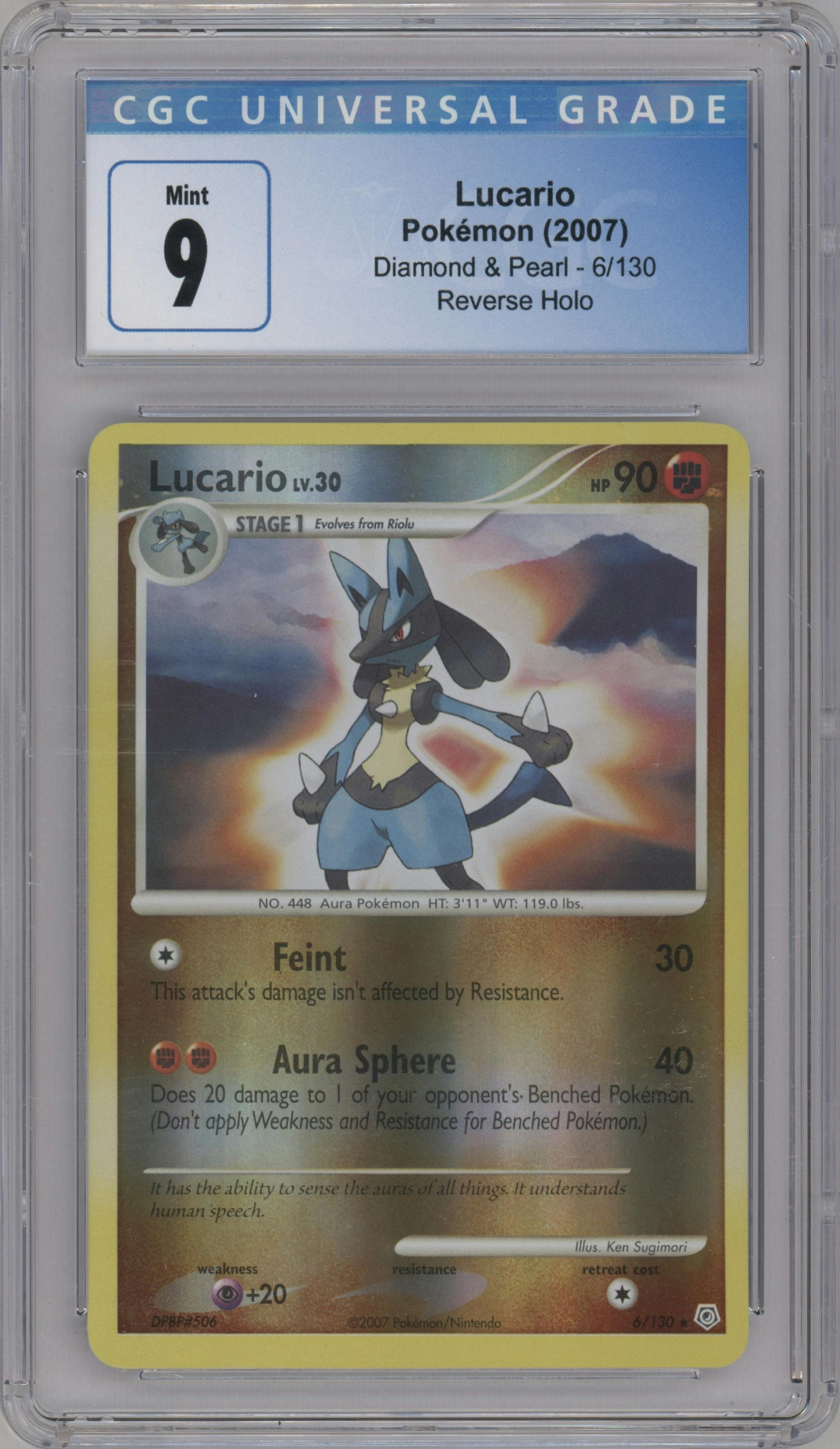 Lucario  from the 2007 Pokemon D&P set graded by CSG and given an overall grade of 9.