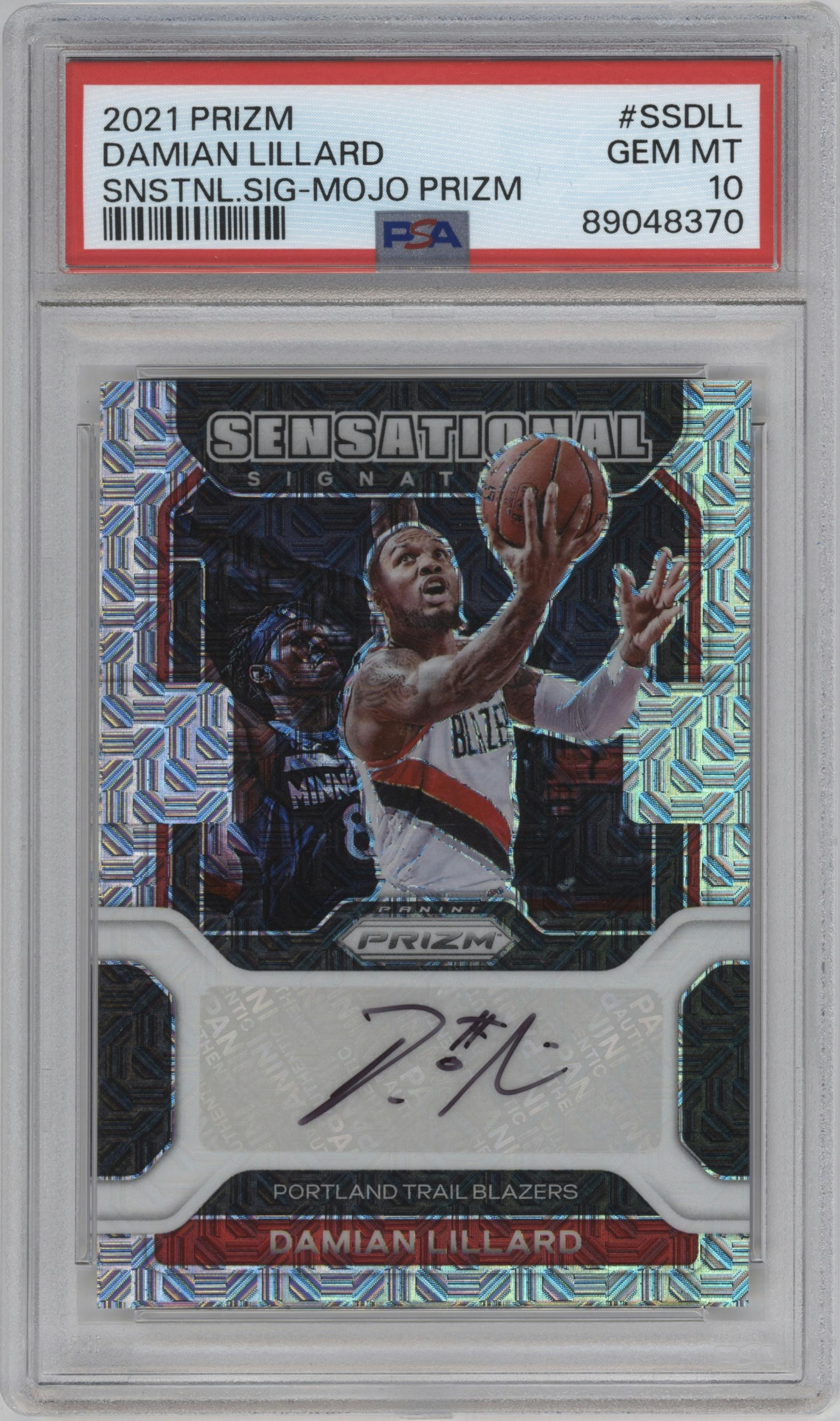 Damian Lillard from the 2021-22 Panini Prizm  set featuring a Mojo parallel graded by PSA and given an overall grade of 10.