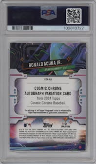 Ronald Acuna Jr. from the 2024 Topps Cosmic Chrome set featuring a Gold Interstellar Refractor parallel graded by PSA and given an overall grade of 10.