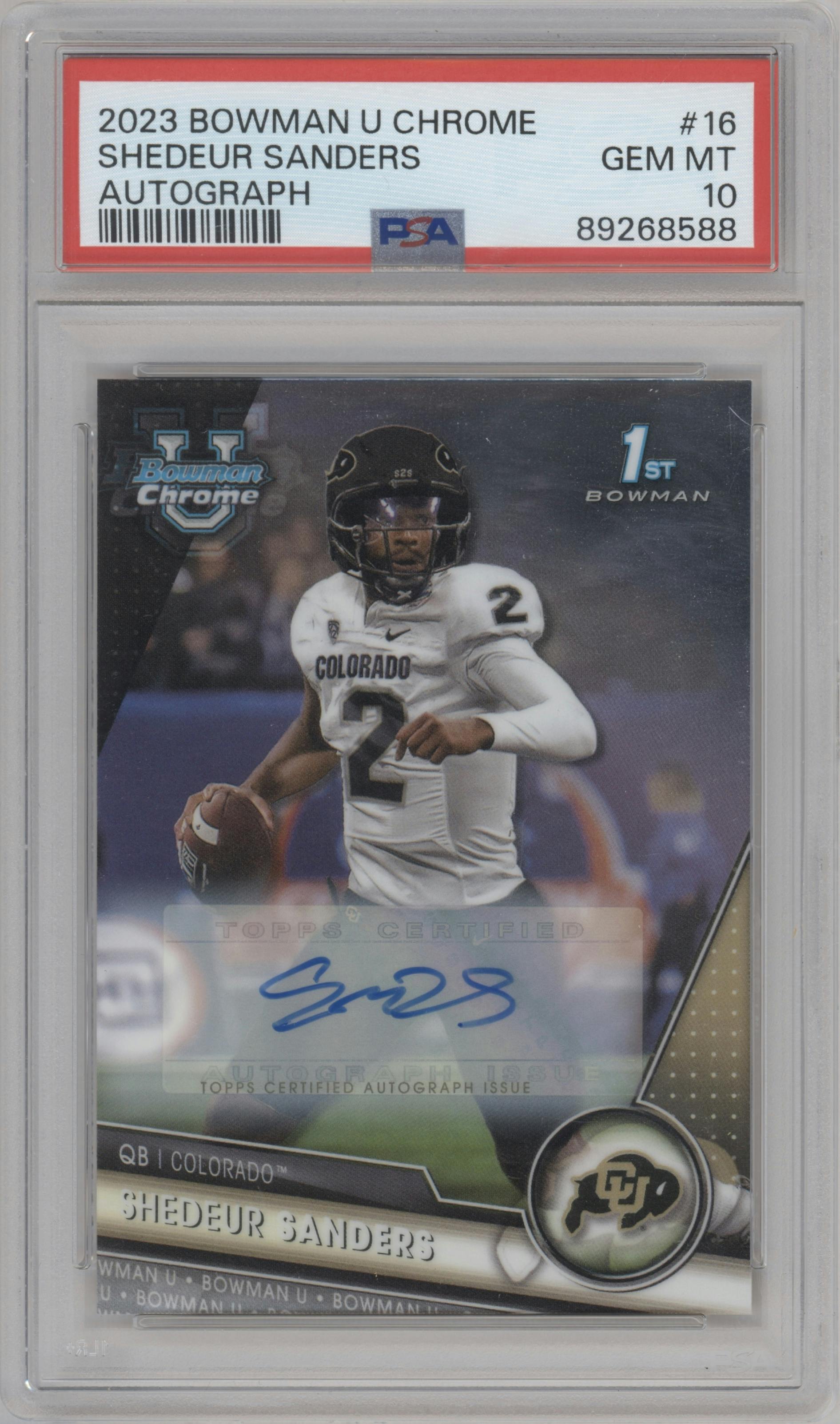 Shedeur Sanders from the 2023 Bowman Chrome University set graded by PSA and given an overall grade of 10.