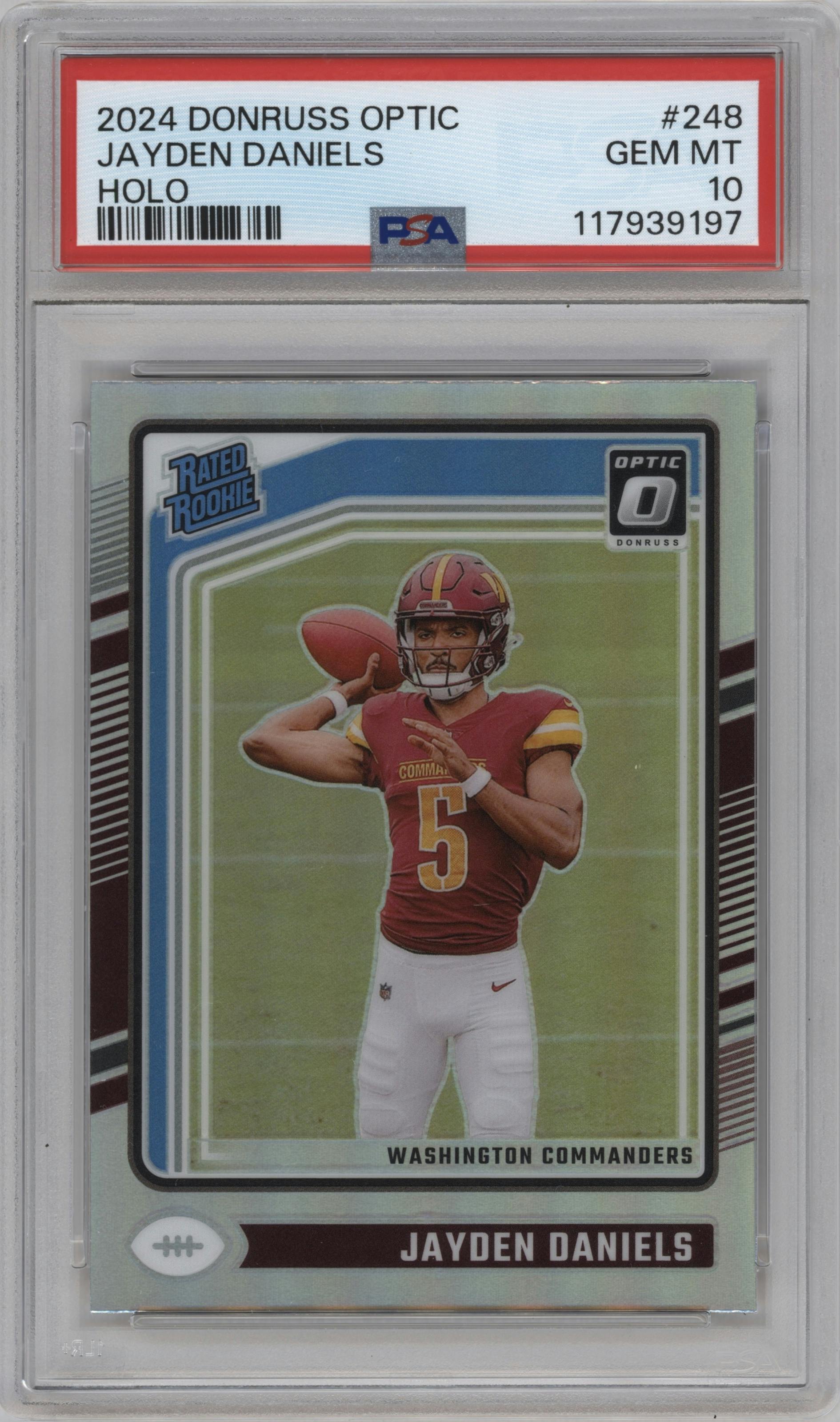 Jayden Daniels from the 2024 Donruss Optic set featuring a Holo parallel graded by PSA and given an overall grade of 10.