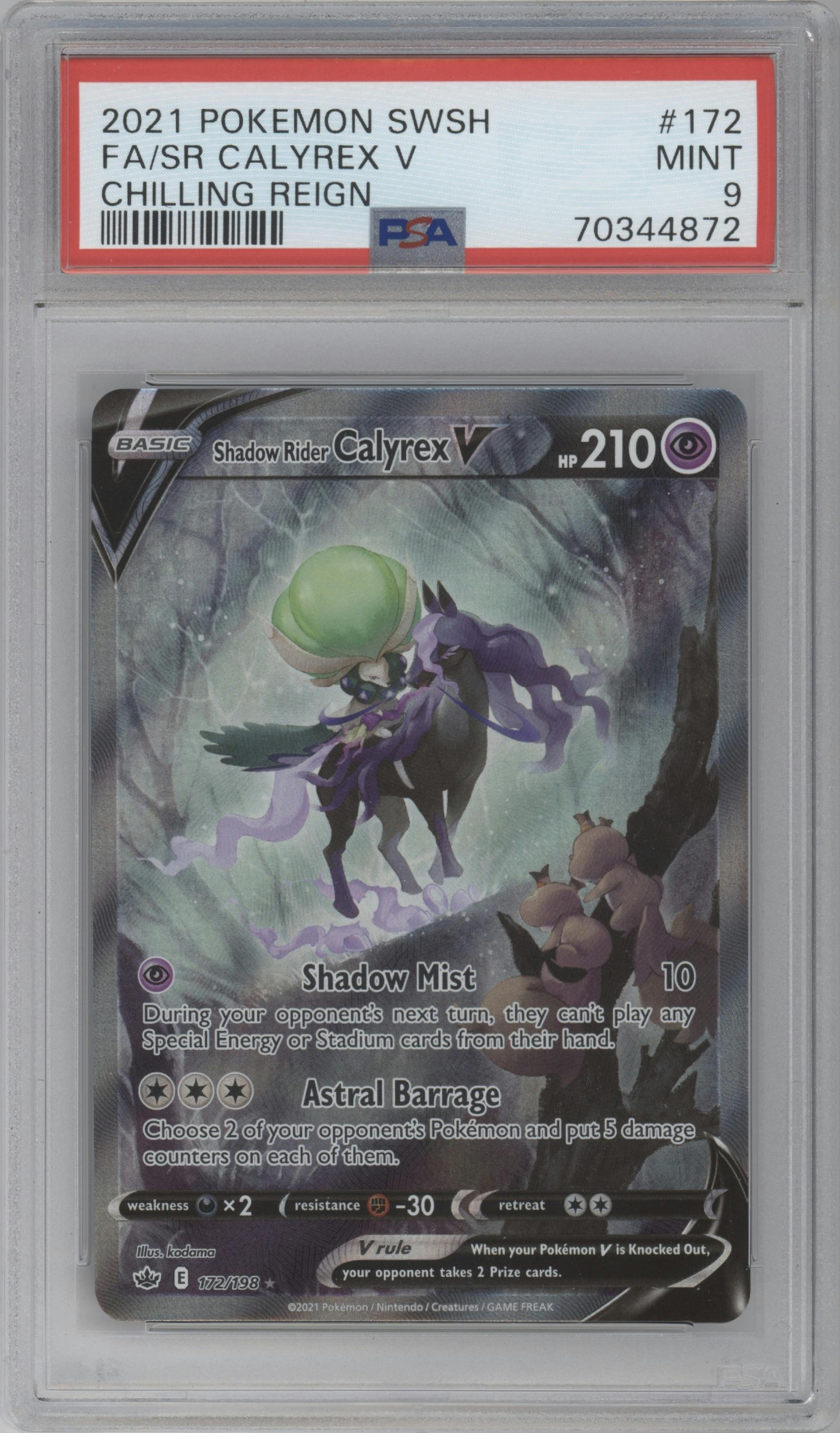Shadow Rider Calyrex V from the 2021 Pokemon SWSH set graded by PSA and given an overall grade of 9.