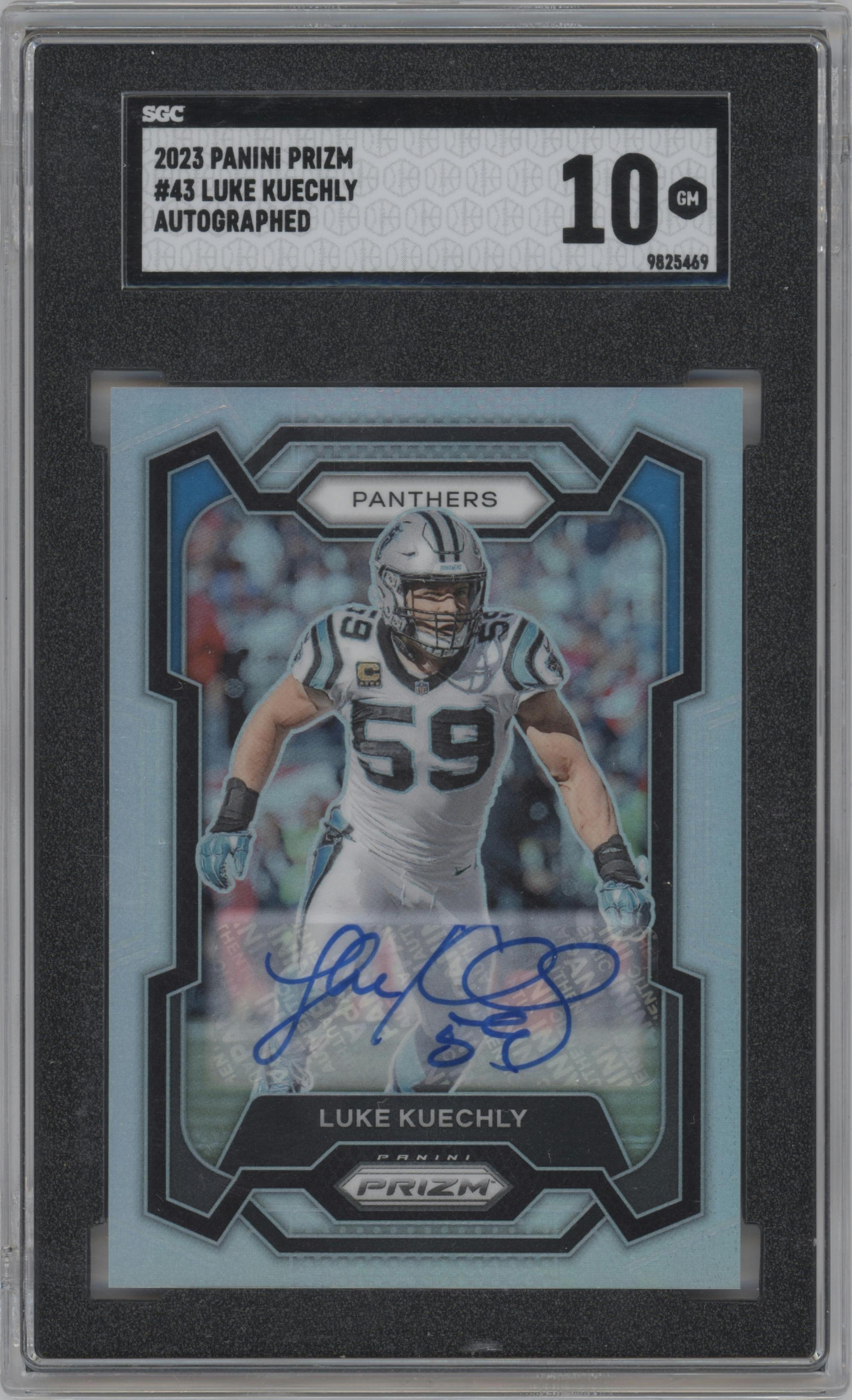 Luke Kuechly from the 2023 Panini Prizm set graded by SGC and given an overall grade of 10.