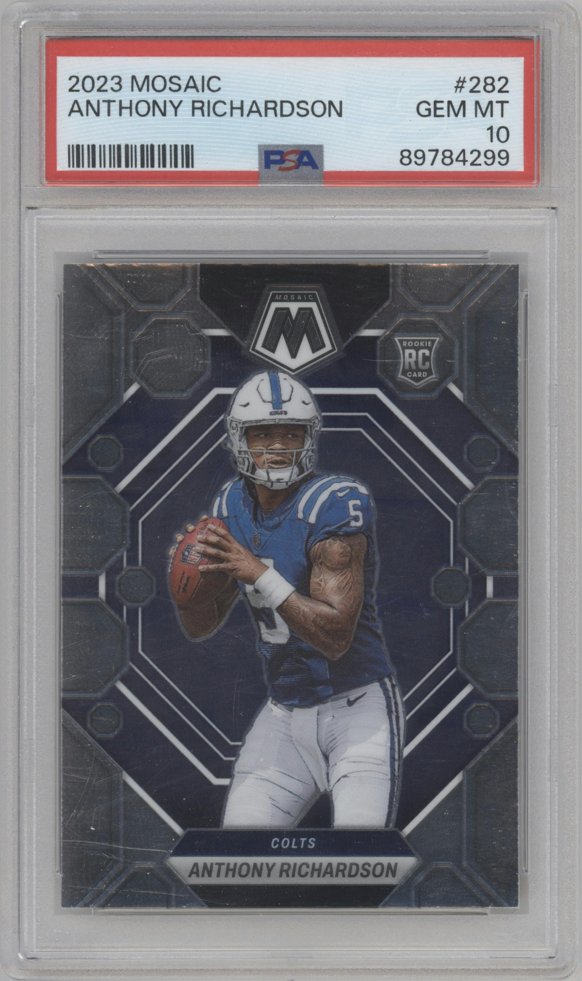 Anthony Richardson from the 2023 Panini Mosaic set graded by PSA and given an overall grade of 10.