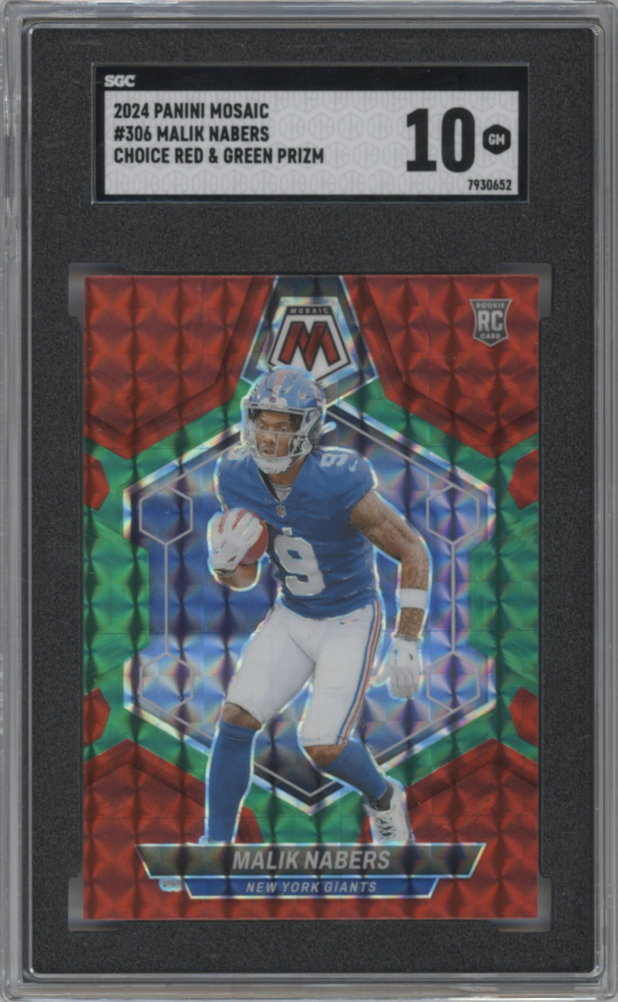 Malik Nabers from the 2024 Panini Mosaic set featuring a Choice Red and Green parallel graded by SGC and given an overall grade of 10.