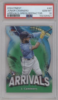 Junior Caminero from the 2024 Topps Finest set featuring a Green Refractor parallel graded by PSA and given an overall grade of 10.
