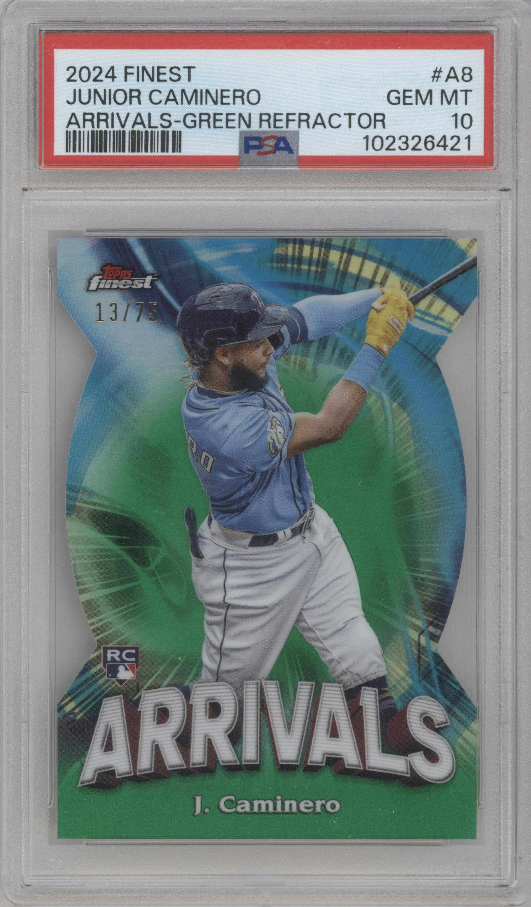 Junior Caminero from the 2024 Topps Finest set featuring a Green Refractor parallel graded by PSA and given an overall grade of 10.