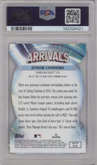 Junior Caminero from the 2024 Topps Finest set featuring a Green Refractor parallel graded by PSA and given an overall grade of 10.