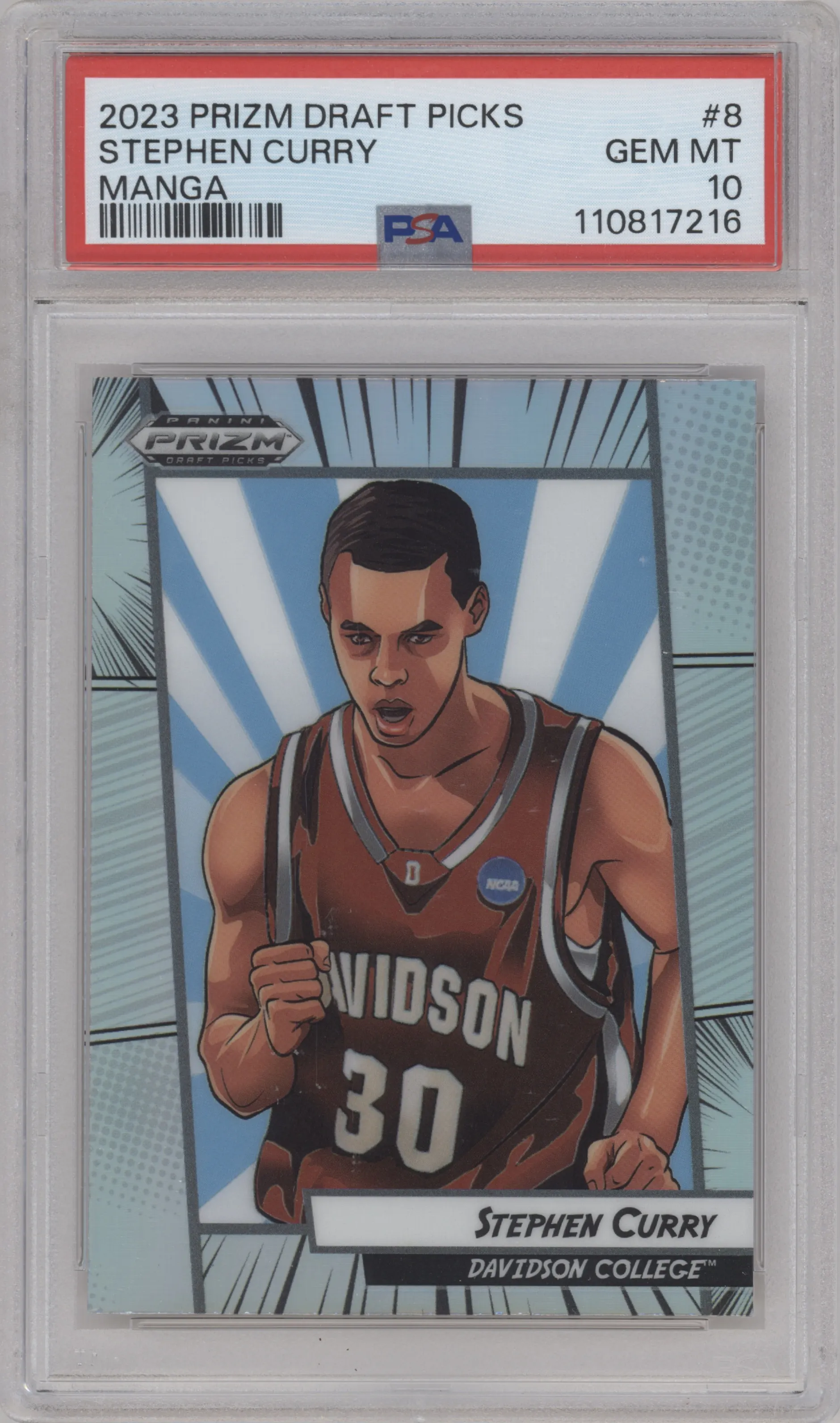Stephen Curry from the 2023-24 Panini Prizm Draft Picks set graded by PSA and given an overall grade of 10.