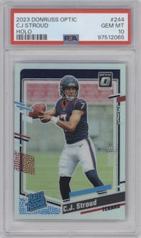 C.J. Stroud from the 2023 Donruss Optic set featuring a Holo parallel graded by PSA and given an overall grade of 10.