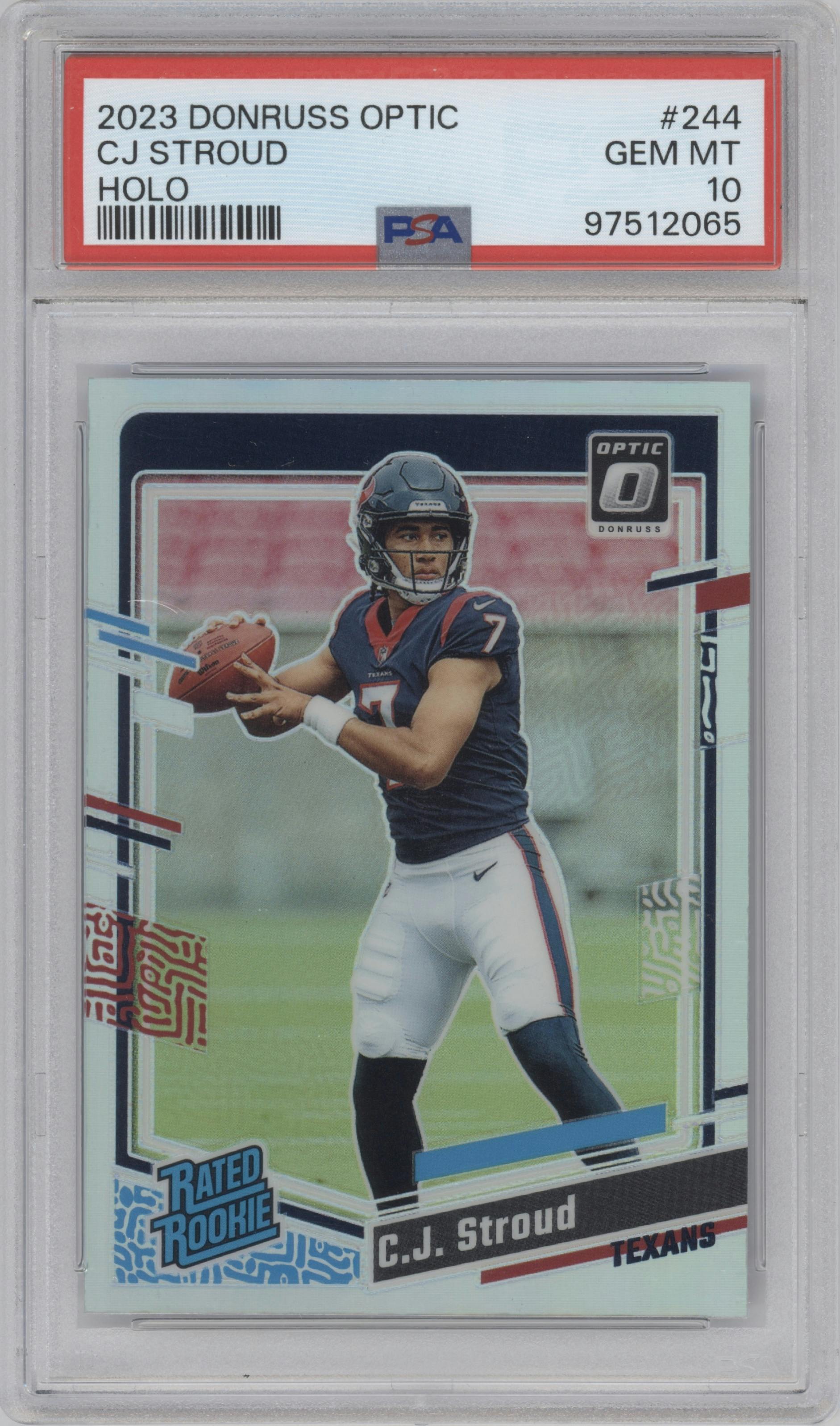 C.J. Stroud from the 2023 Donruss Optic set featuring a Holo parallel graded by PSA and given an overall grade of 10.