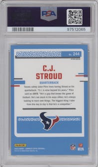 C.J. Stroud from the 2023 Donruss Optic set featuring a Holo parallel graded by PSA and given an overall grade of 10.