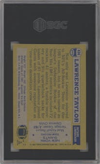Lawrence Taylor from the 1982 Topps set graded by SGC and given an overall grade of 7.