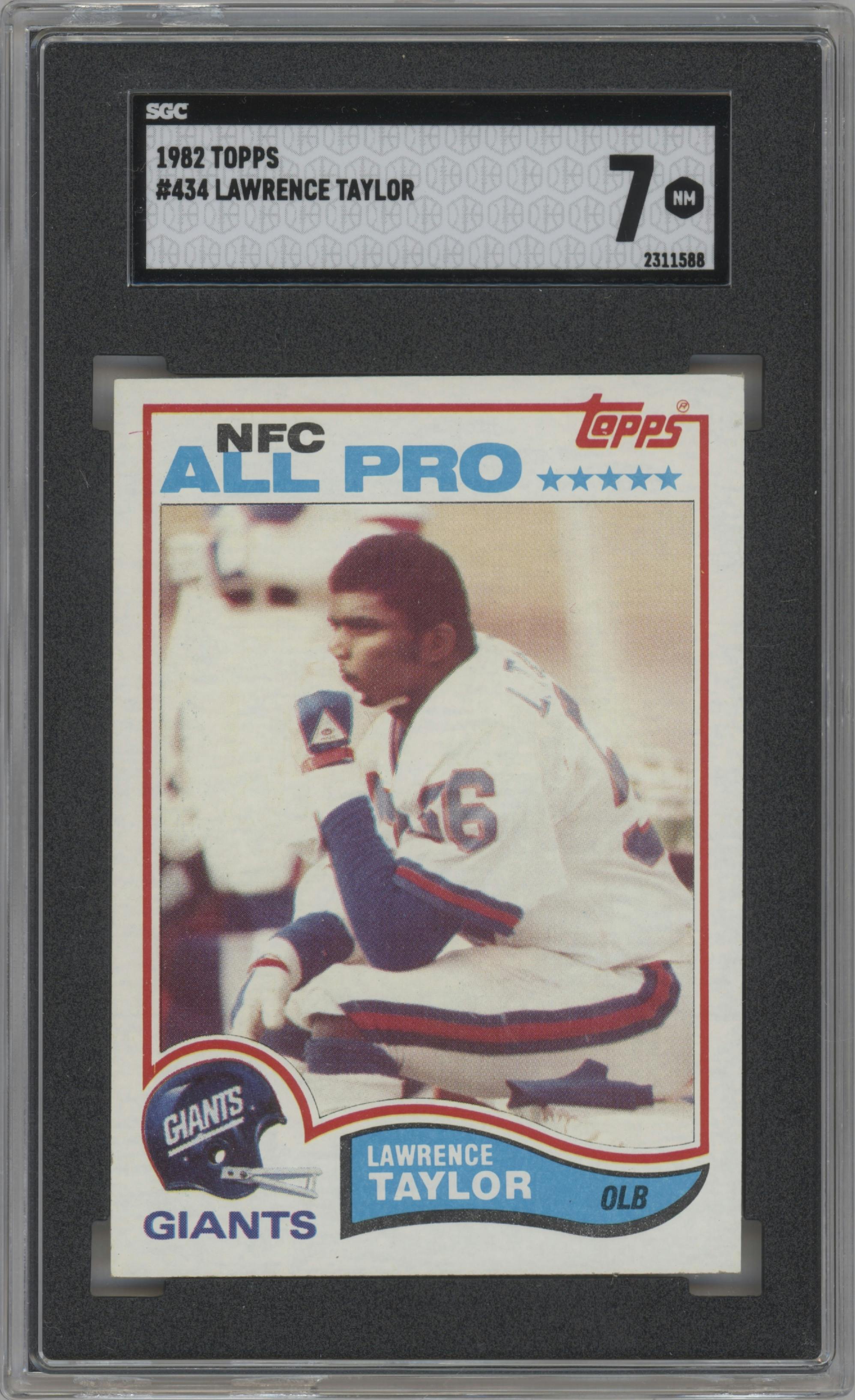 Lawrence Taylor from the 1982 Topps set graded by SGC and given an overall grade of 7.