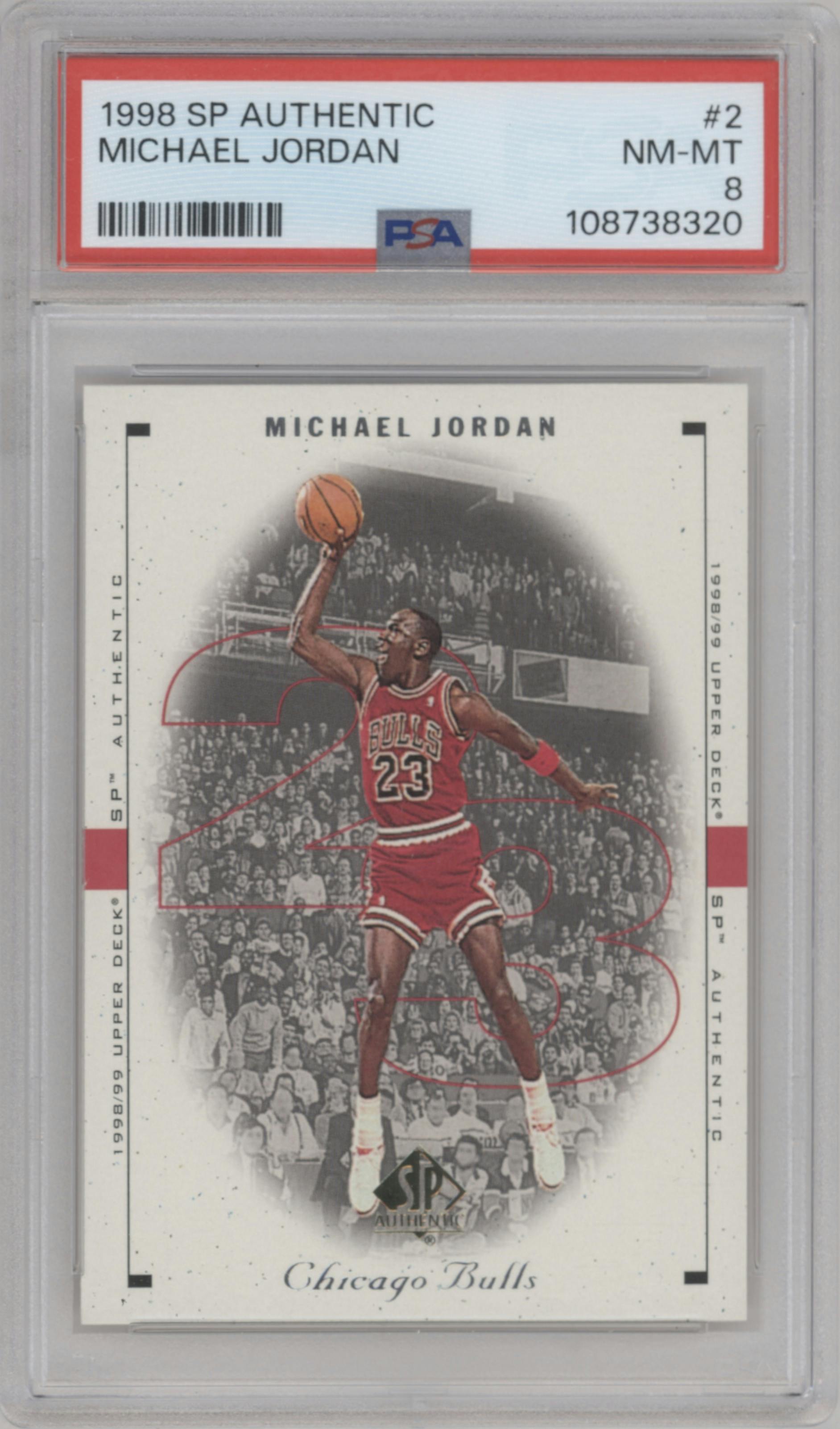 Michael Jordan from the 1998-99 SP Authentic set graded by PSA and given an overall grade of 8.