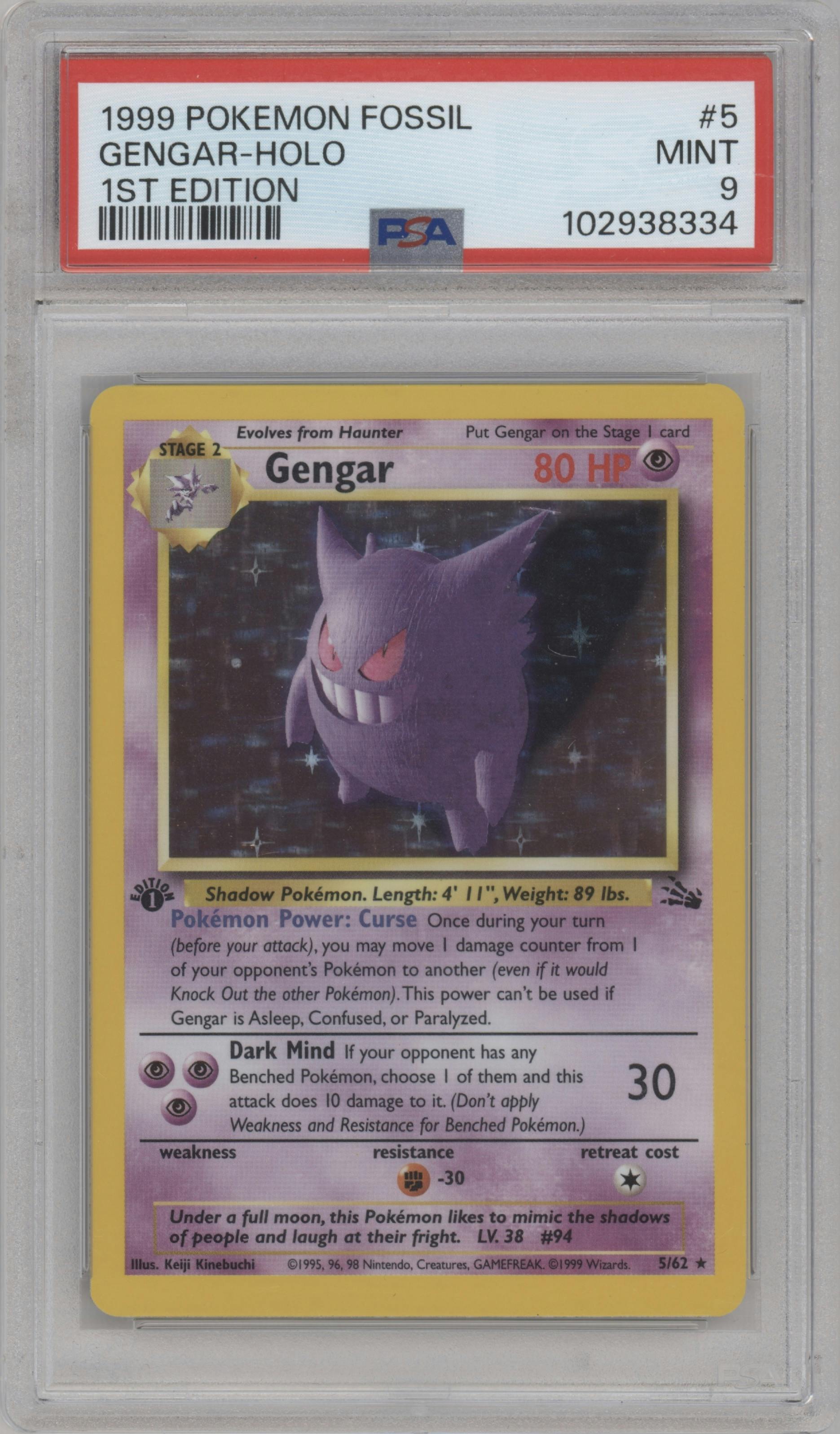 Gengar from the 1999 Pokemon set graded by PSA and given an overall grade of 9.