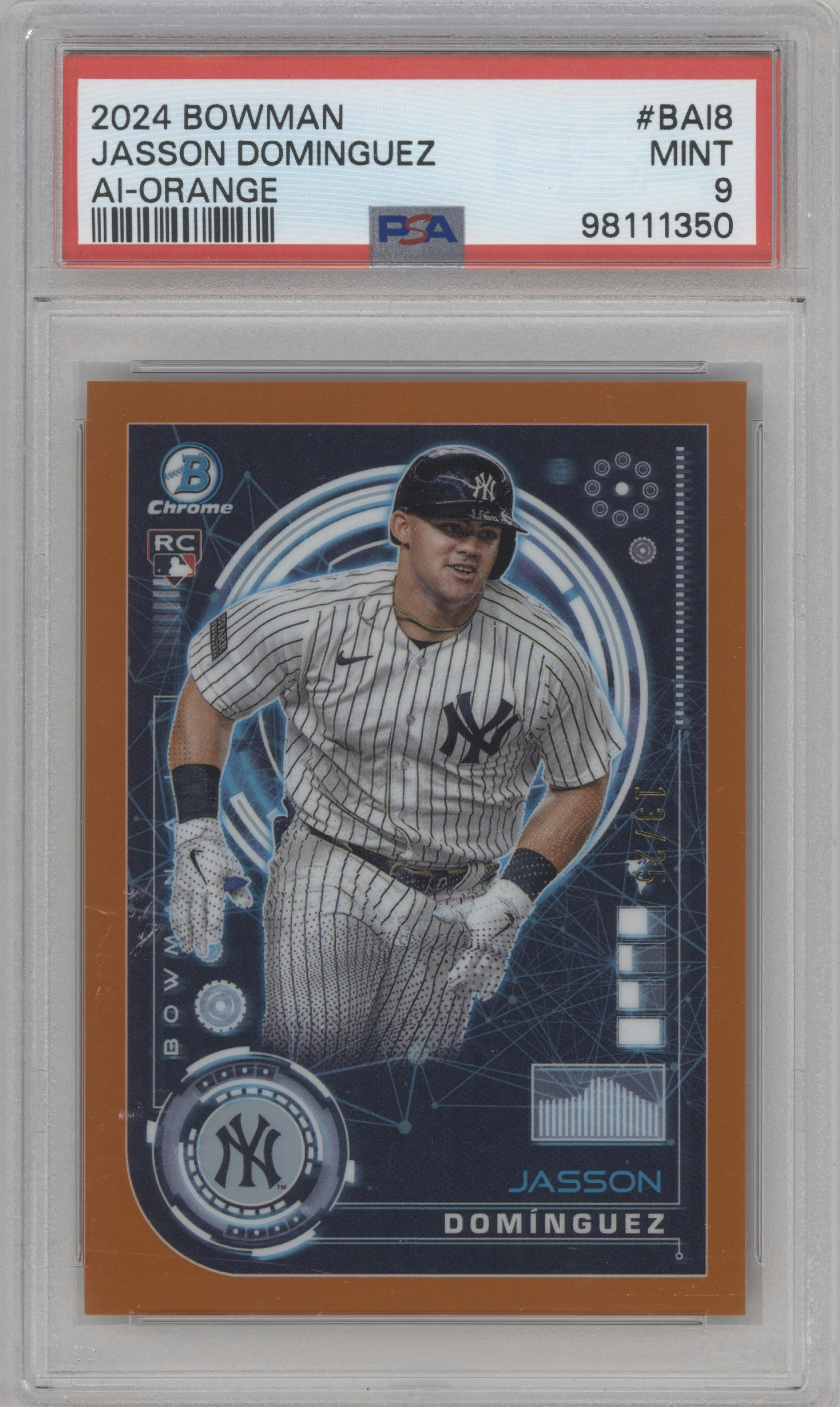 Jasson Dominguez from the 2024 Bowman set featuring a Orange parallel graded by PSA and given an overall grade of 9.