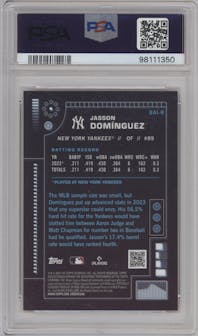 Jasson Dominguez from the 2024 Bowman set featuring a Orange parallel graded by PSA and given an overall grade of 9.
