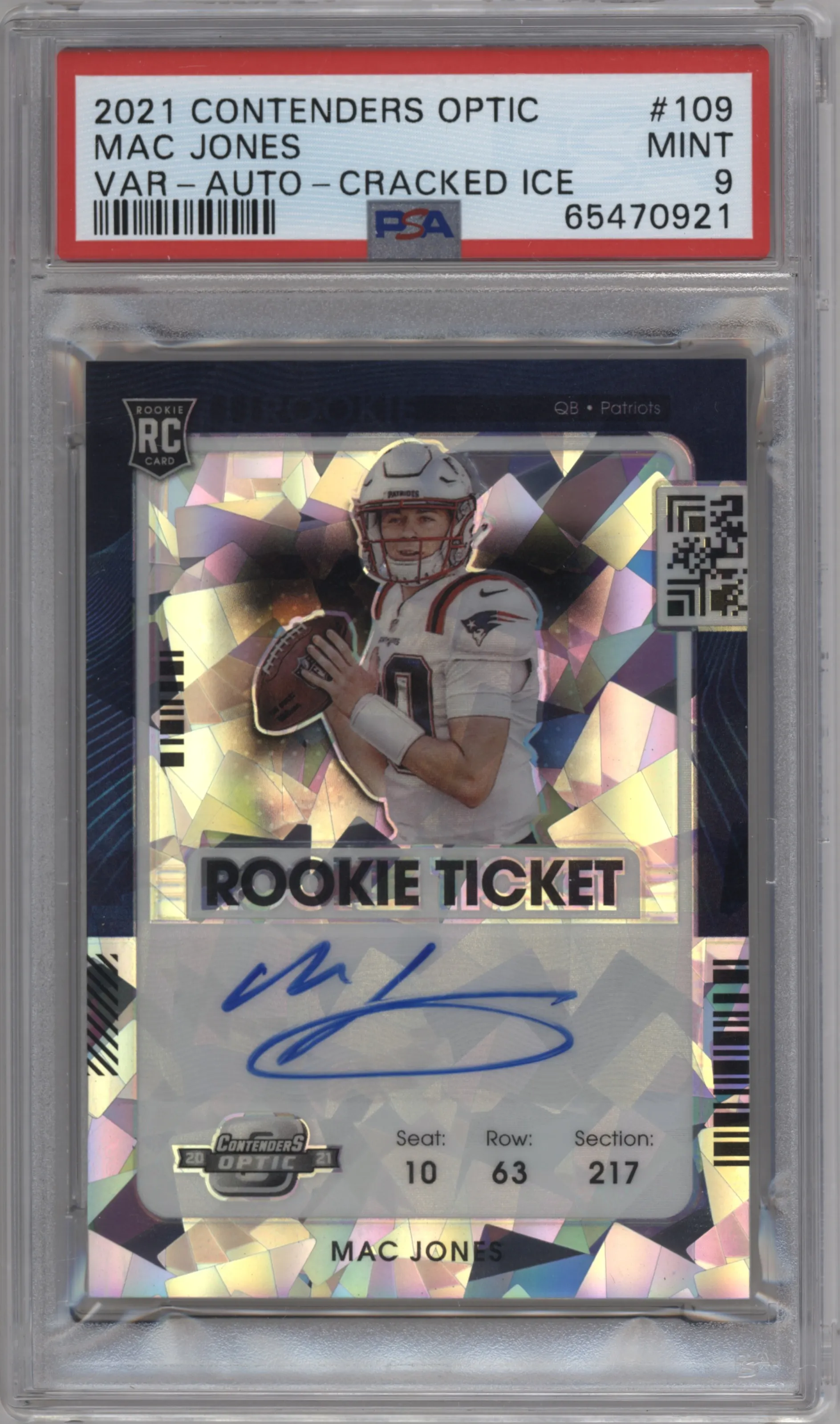 2021 Panini Contenders Optic Rke.Tkt.Auto Var. Mac Jones Cracked Ice PSA 9