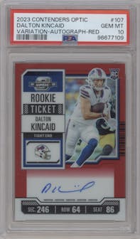 Dalton Kincaid from the 2023 Panini Contenders Optic set featuring a Red parallel graded by PSA and given an overall grade of 10.