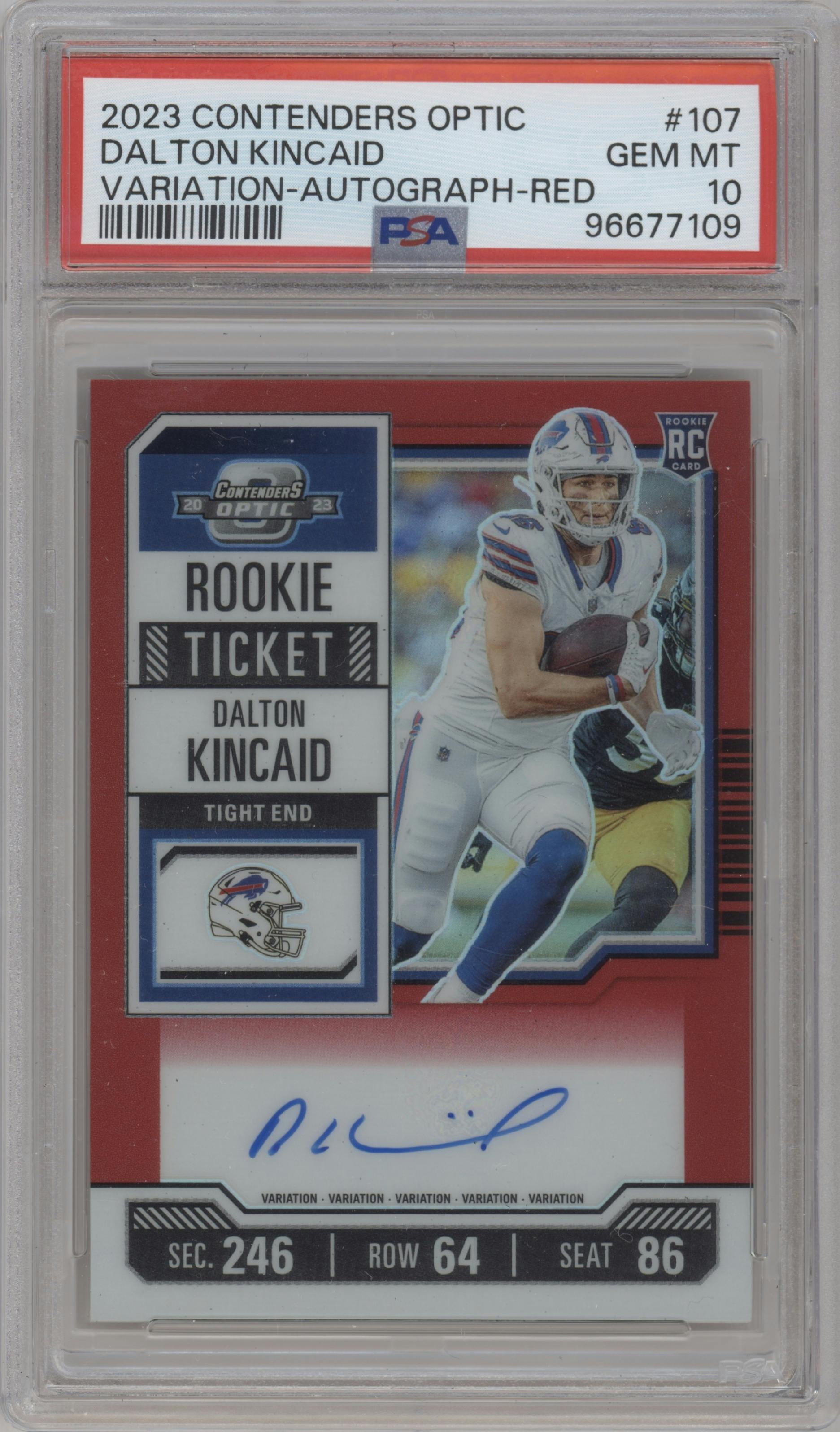 Dalton Kincaid from the 2023 Panini Contenders Optic set featuring a Red parallel graded by PSA and given an overall grade of 10.