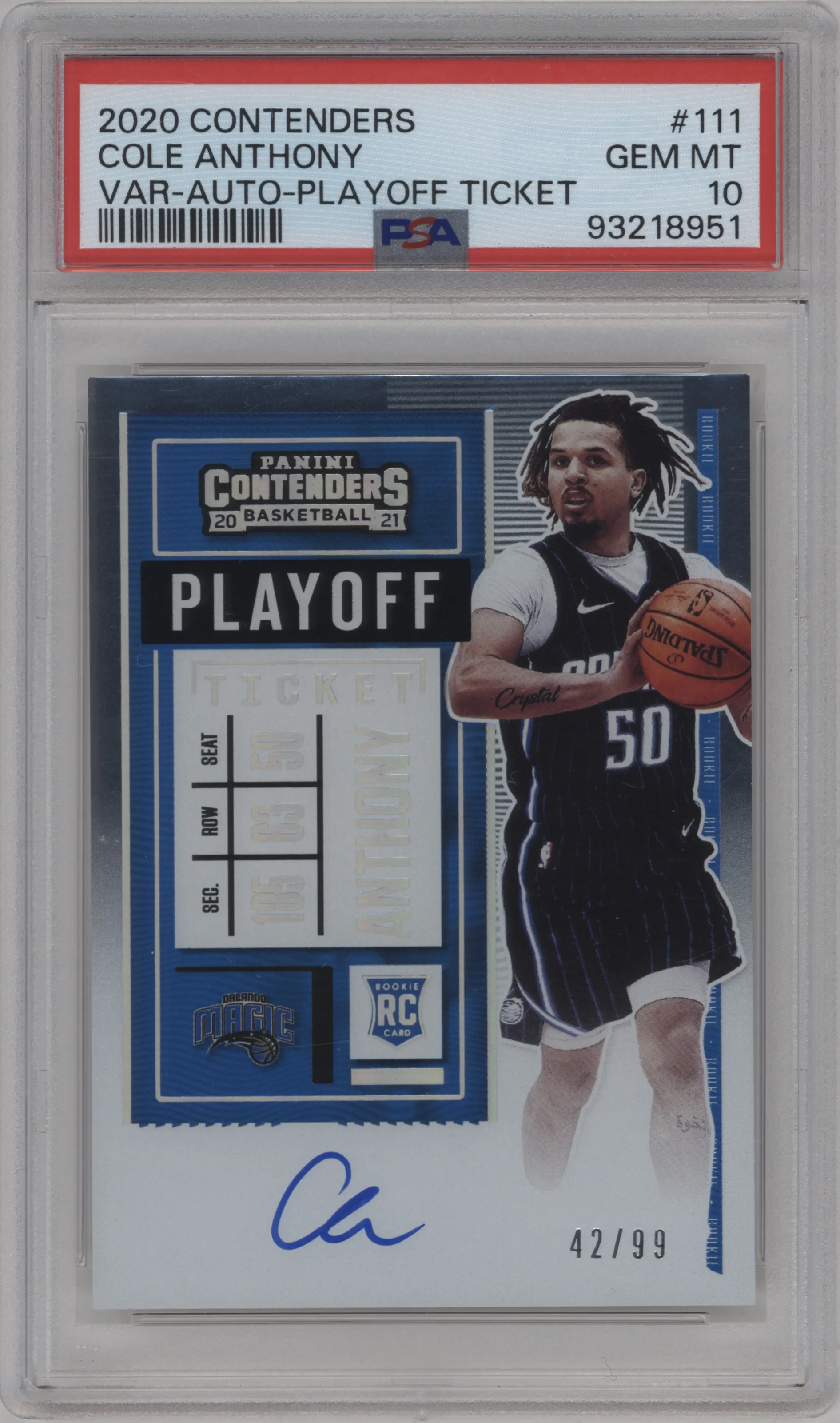 2020 Panini Contenders Rke.Tkt.Var.Auto Cole Anthony Playoff Ticket PSA 10
