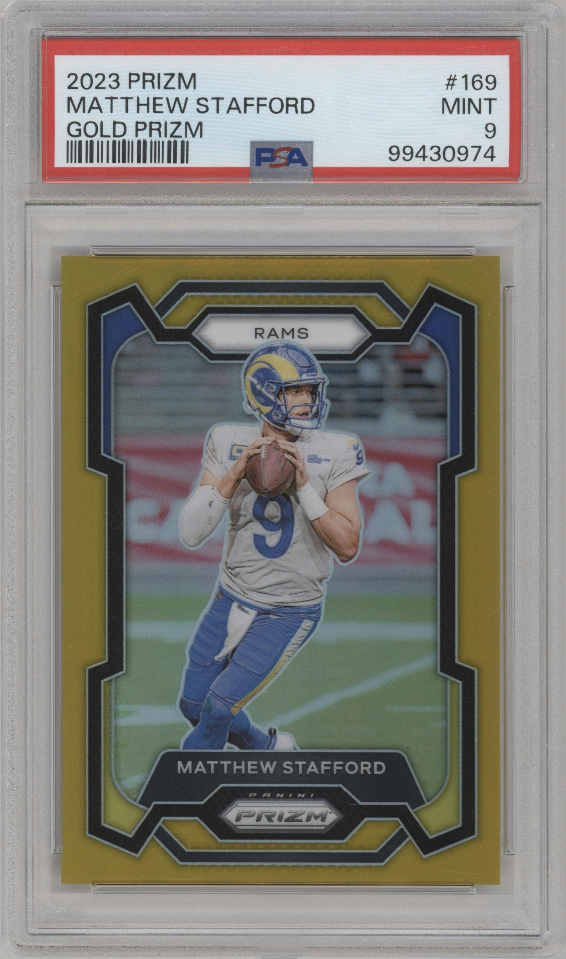 Matthew Stafford from the 2023 Panini Prizm set featuring a Gold Prizm parallel graded by PSA and given an overall grade of 9.