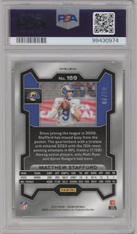 Matthew Stafford from the 2023 Panini Prizm set featuring a Gold Prizm parallel graded by PSA and given an overall grade of 9.
