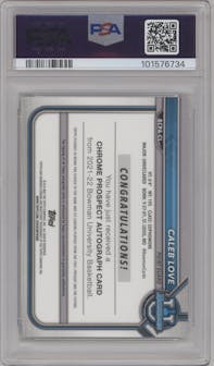 Caleb Love from the 2021-22 Bowman University set graded by PSA and given an overall grade of 9.