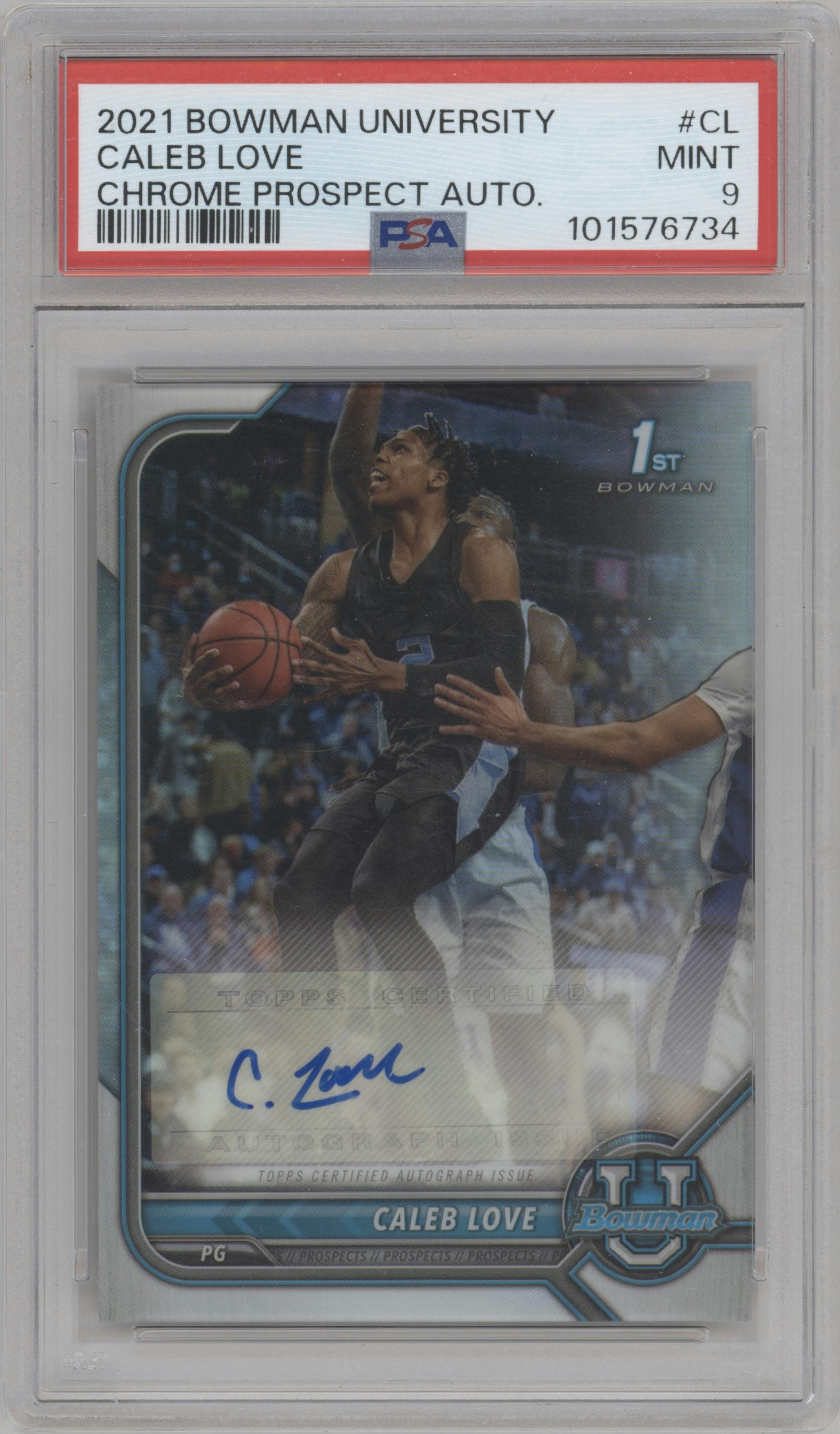 Caleb Love from the 2021-22 Bowman University set graded by PSA and given an overall grade of 9.