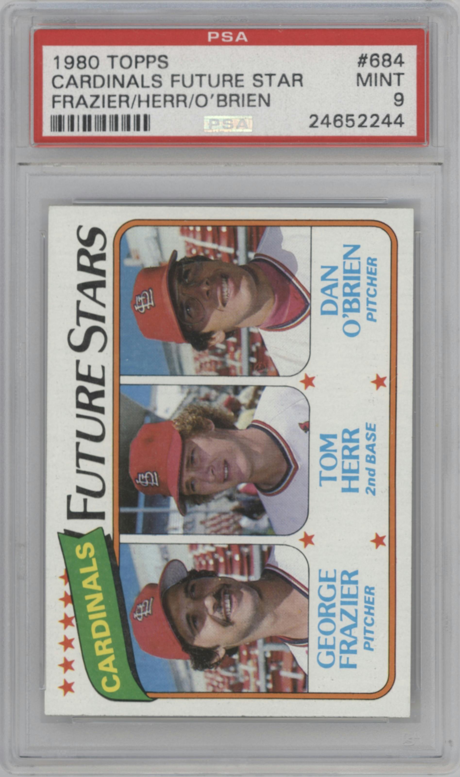 George Frazier / Tom Herr / Dan O'Brien from the 1980 Topps set graded by PSA and given an overall grade of 9.