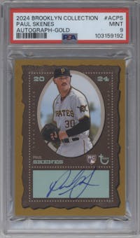 Paul Skenes from the 2024 Topps Brooklyn Collection set featuring a Gold parallel graded by PSA and given an overall grade of 9.