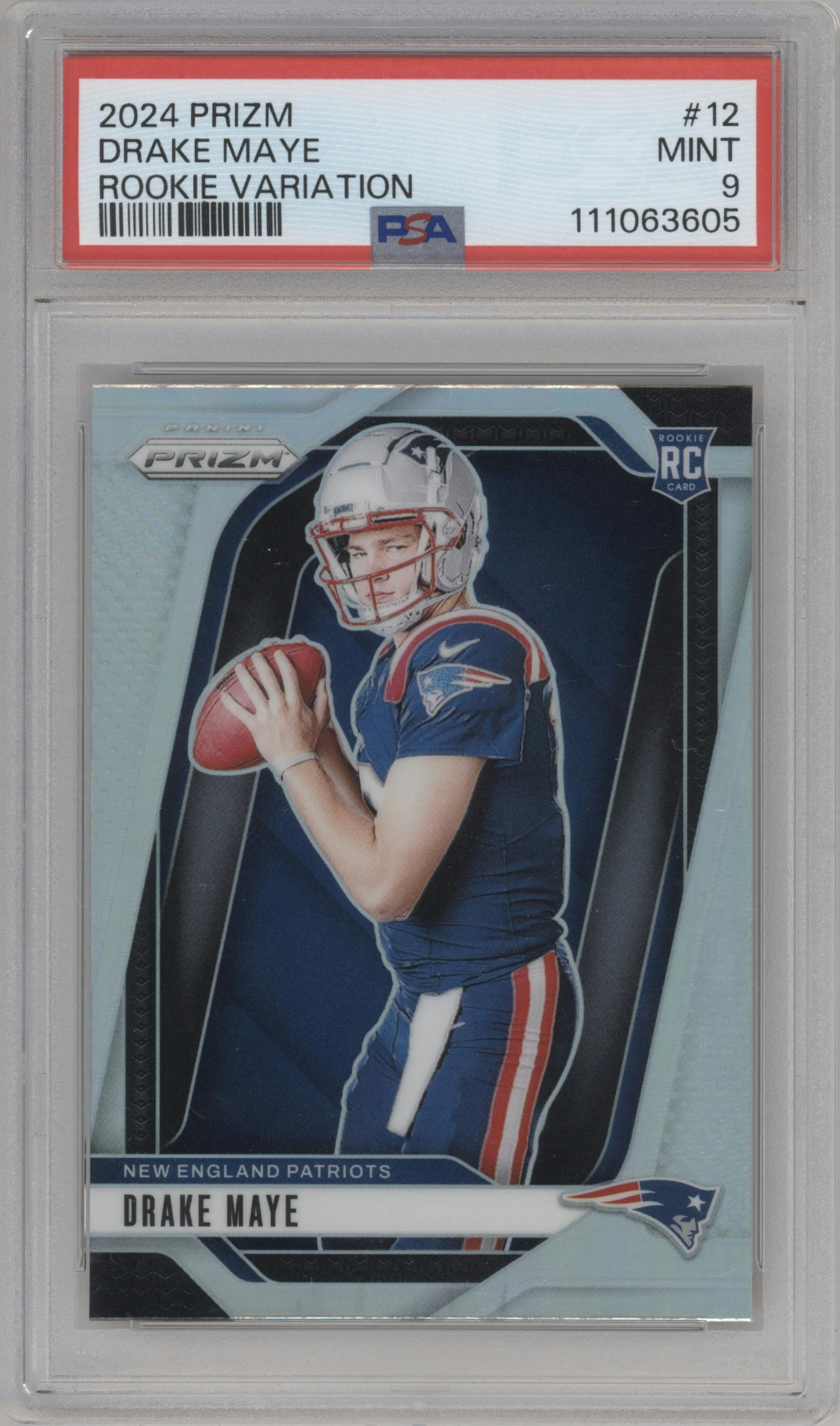 Drake Maye from the 2024 Panini Prizm set graded by PSA and given an overall grade of 9.