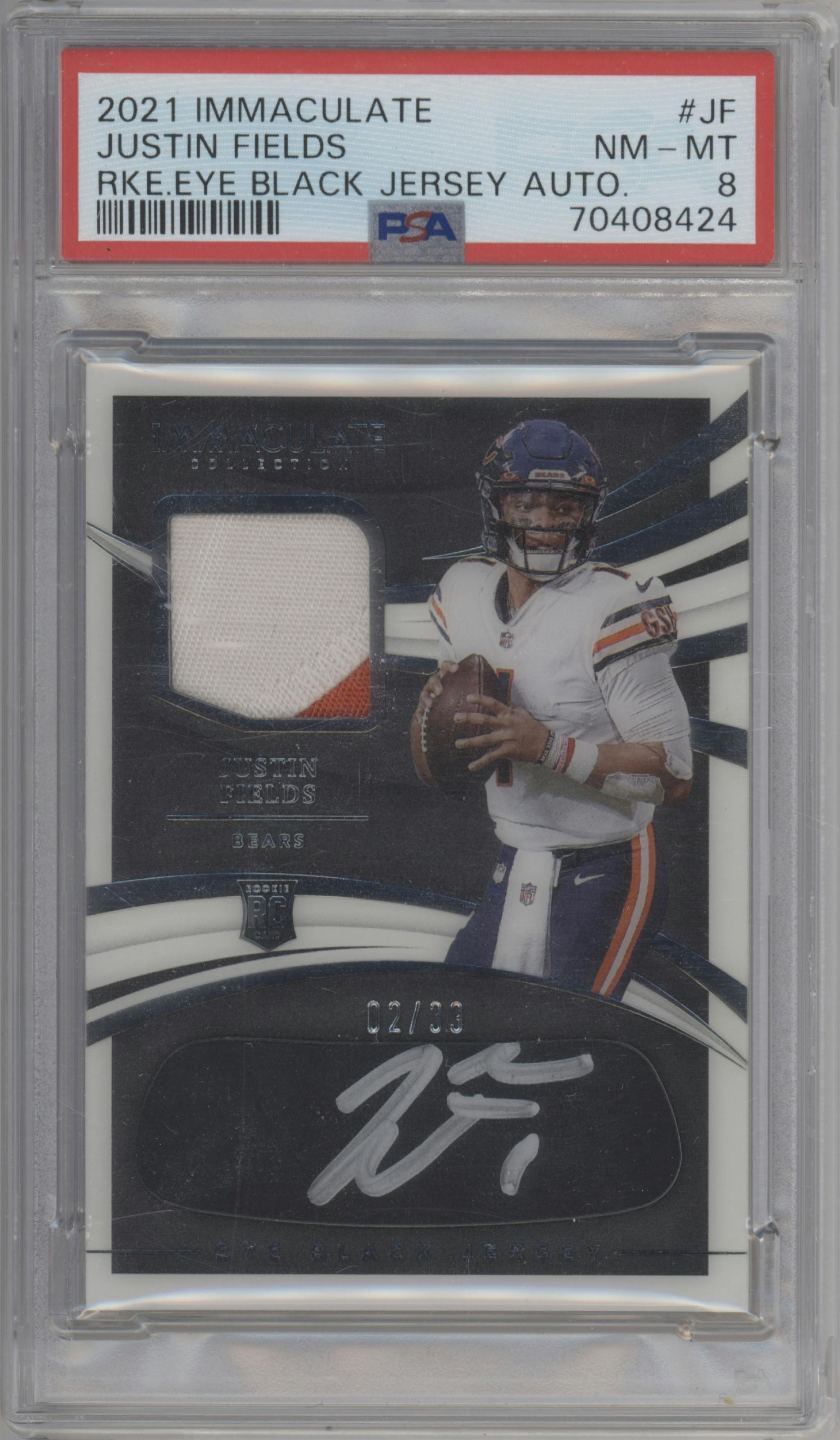 Justin Fields from the 2021 Panini Immaculate Collection set graded by PSA and given an overall grade of 8.