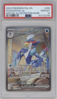 Quaquaval ex from the 2023 Pokemon SV set graded by PSA and given an overall grade of 10.