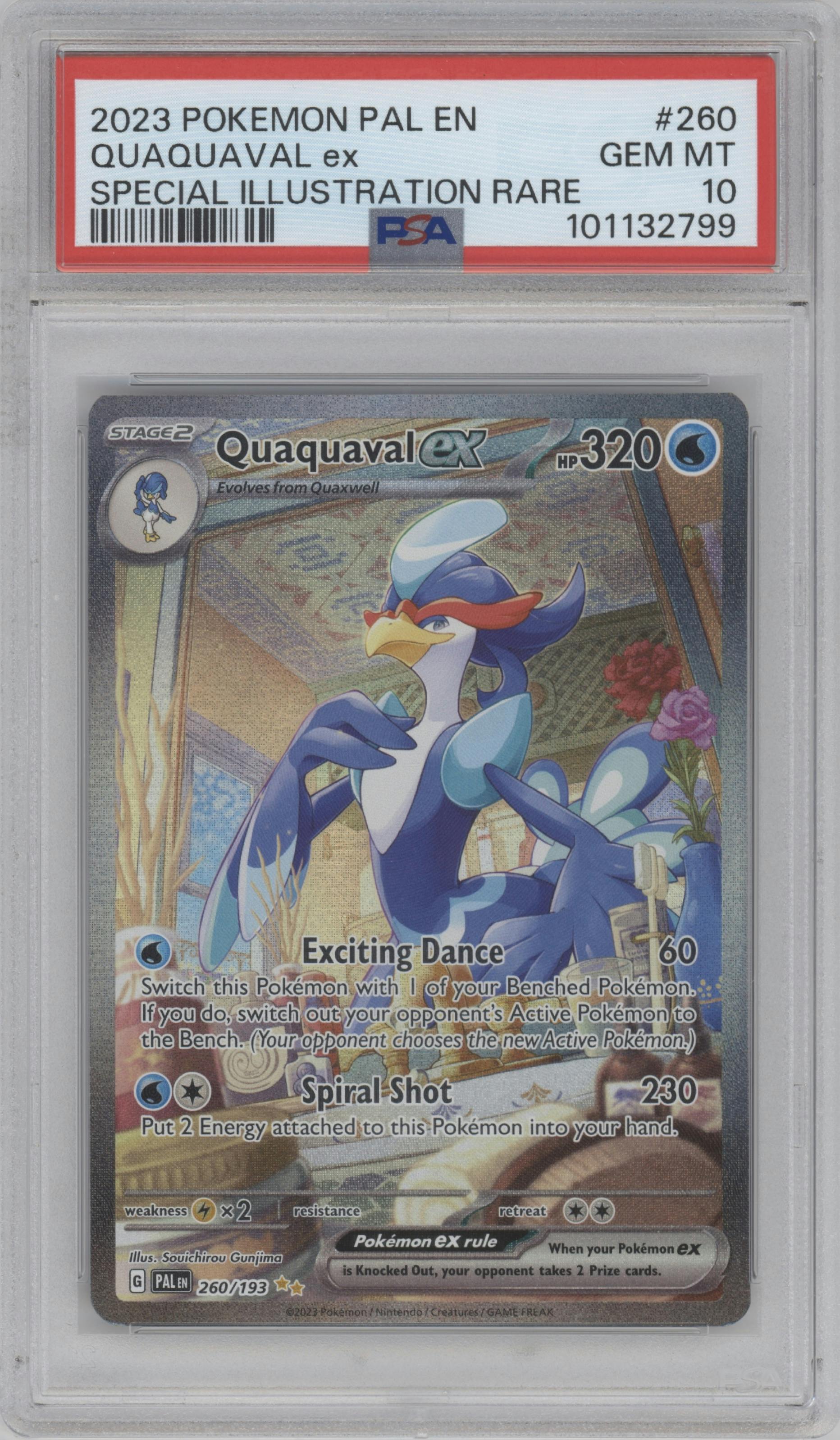 Quaquaval ex from the 2023 Pokemon SV set graded by PSA and given an overall grade of 10.