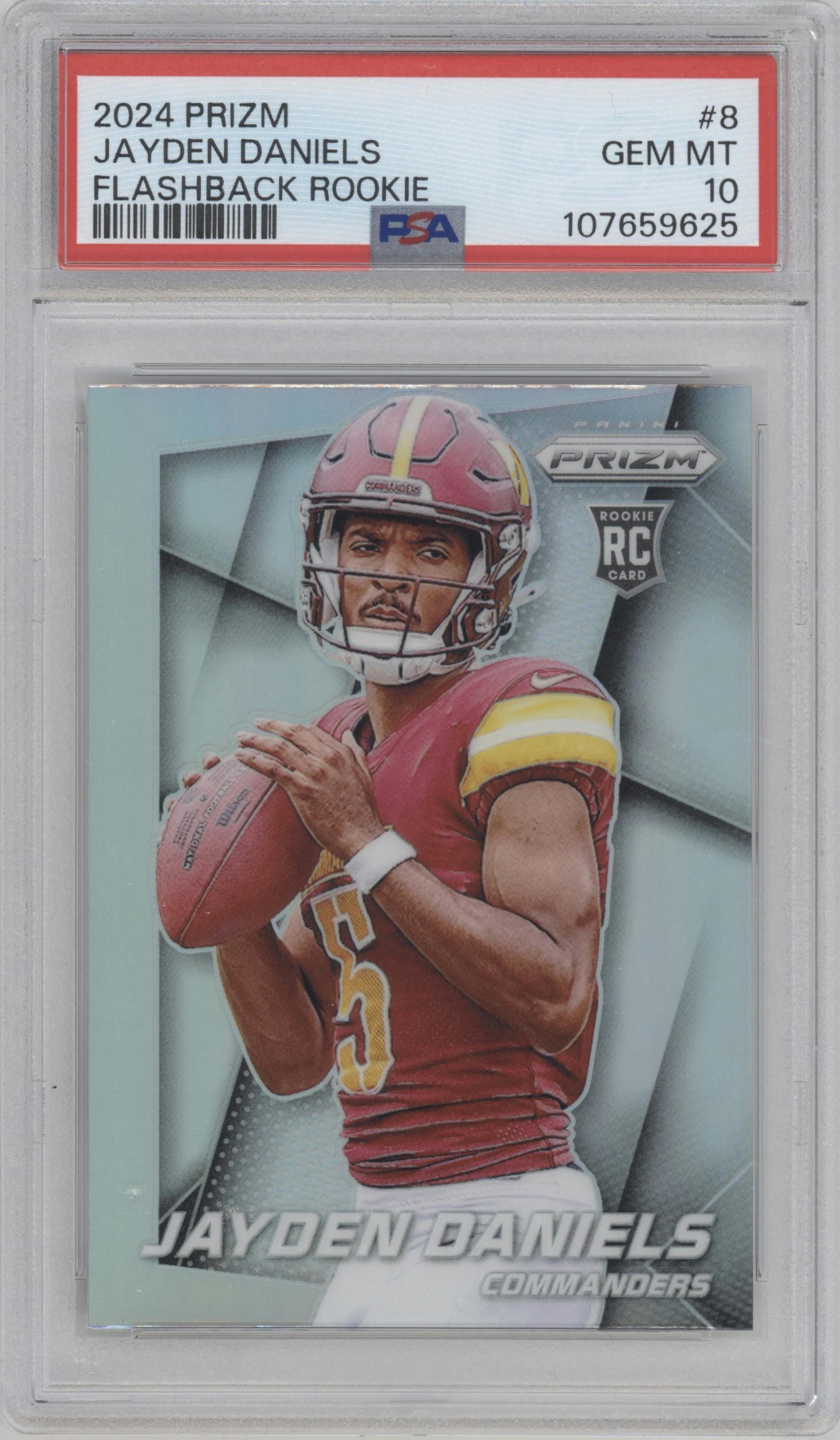 Jayden Daniels from the 2024 Panini Prizm set graded by PSA and given an overall grade of 10.