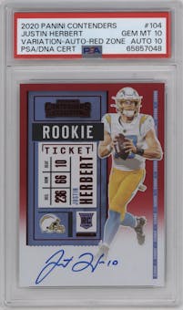Justin Herbert from the 2020 Panini Contenders set featuring a Red Zone Ticket FOTL parallel graded by PSA and given an overall grade of 10.