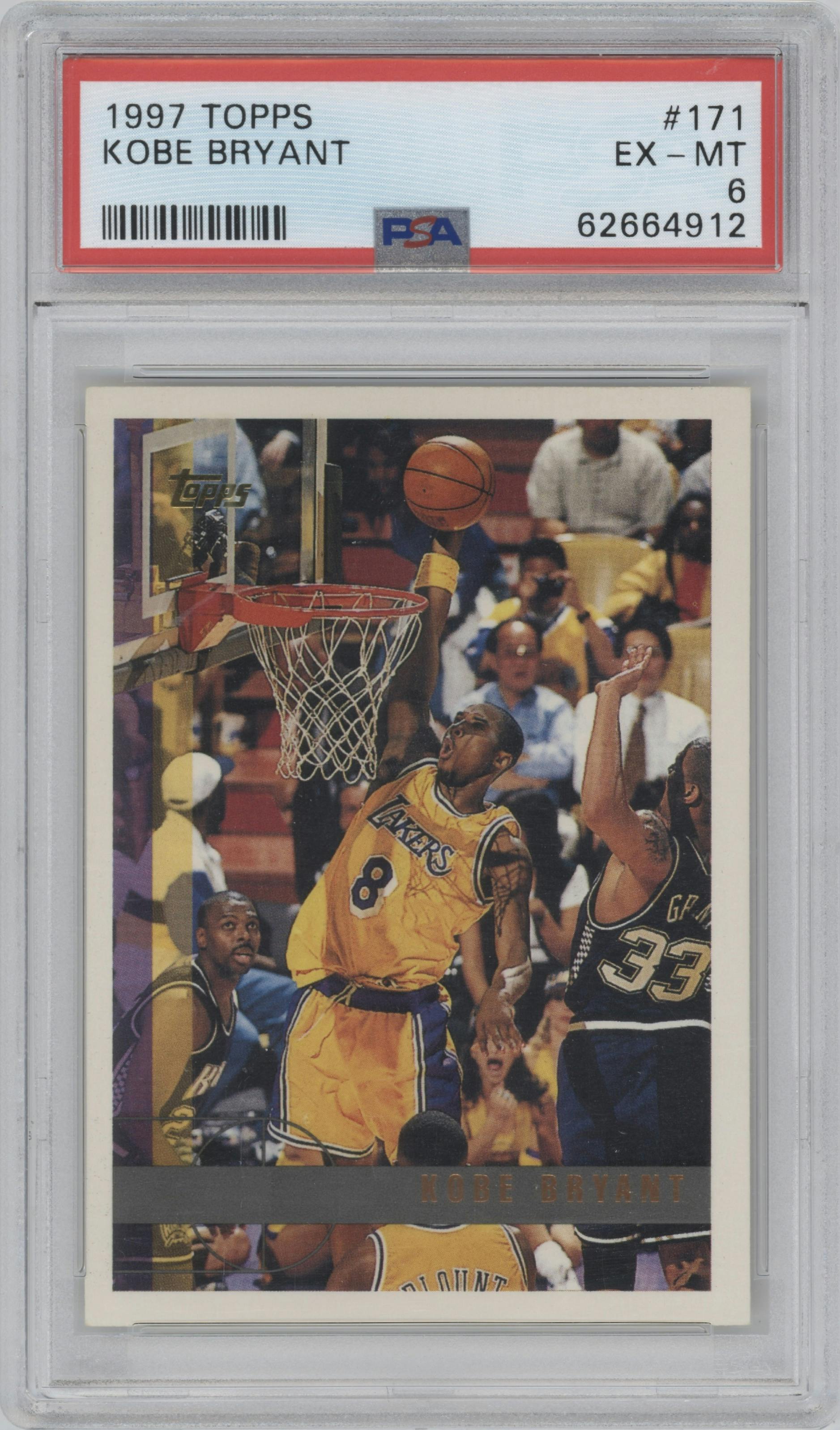 Kobe Bryant from the 1997-98 Topps  set graded by PSA and given an overall grade of 6.