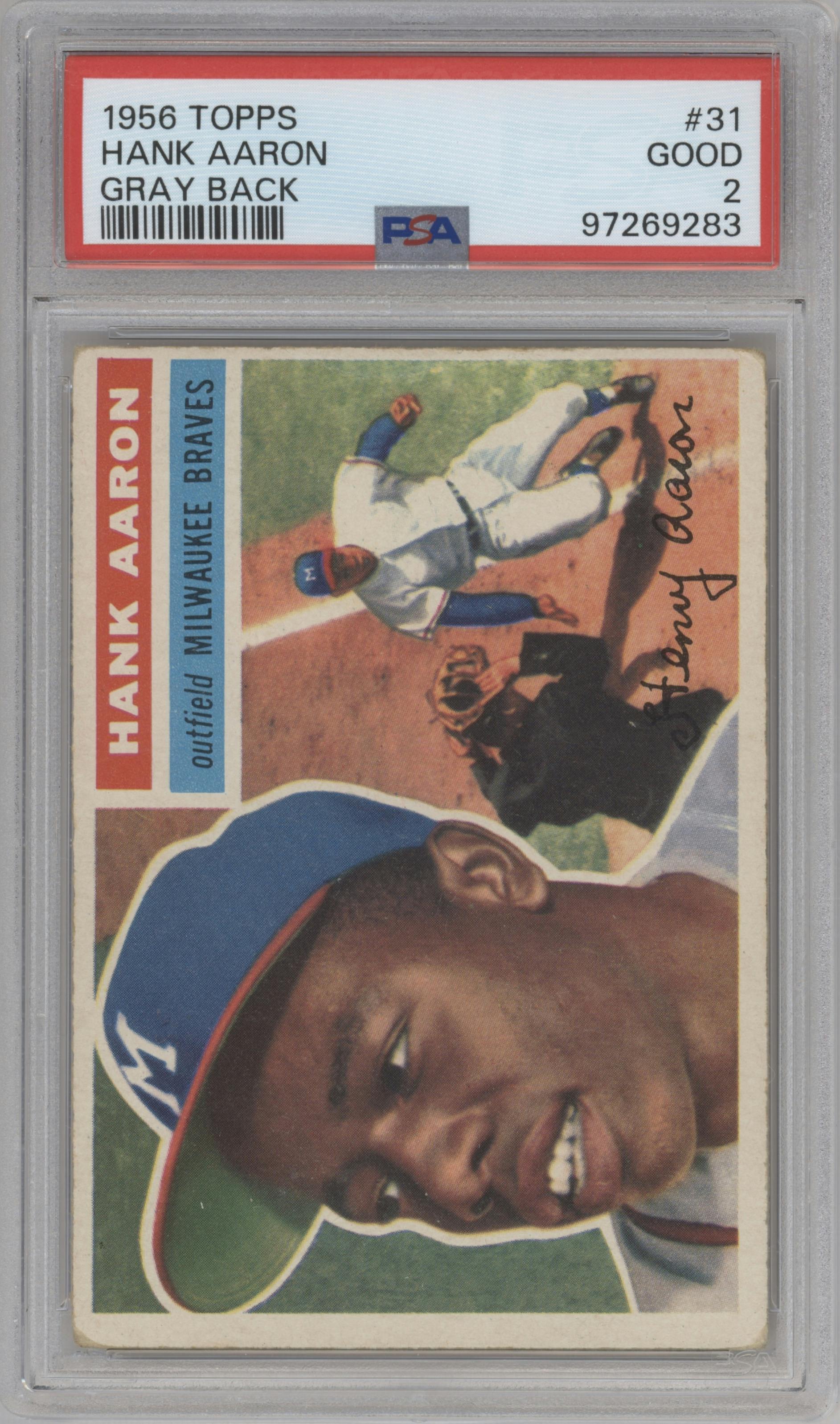 Hank Aaron from the 1956 Topps set featuring a Gray Back parallel graded by PSA and given an overall grade of 2.