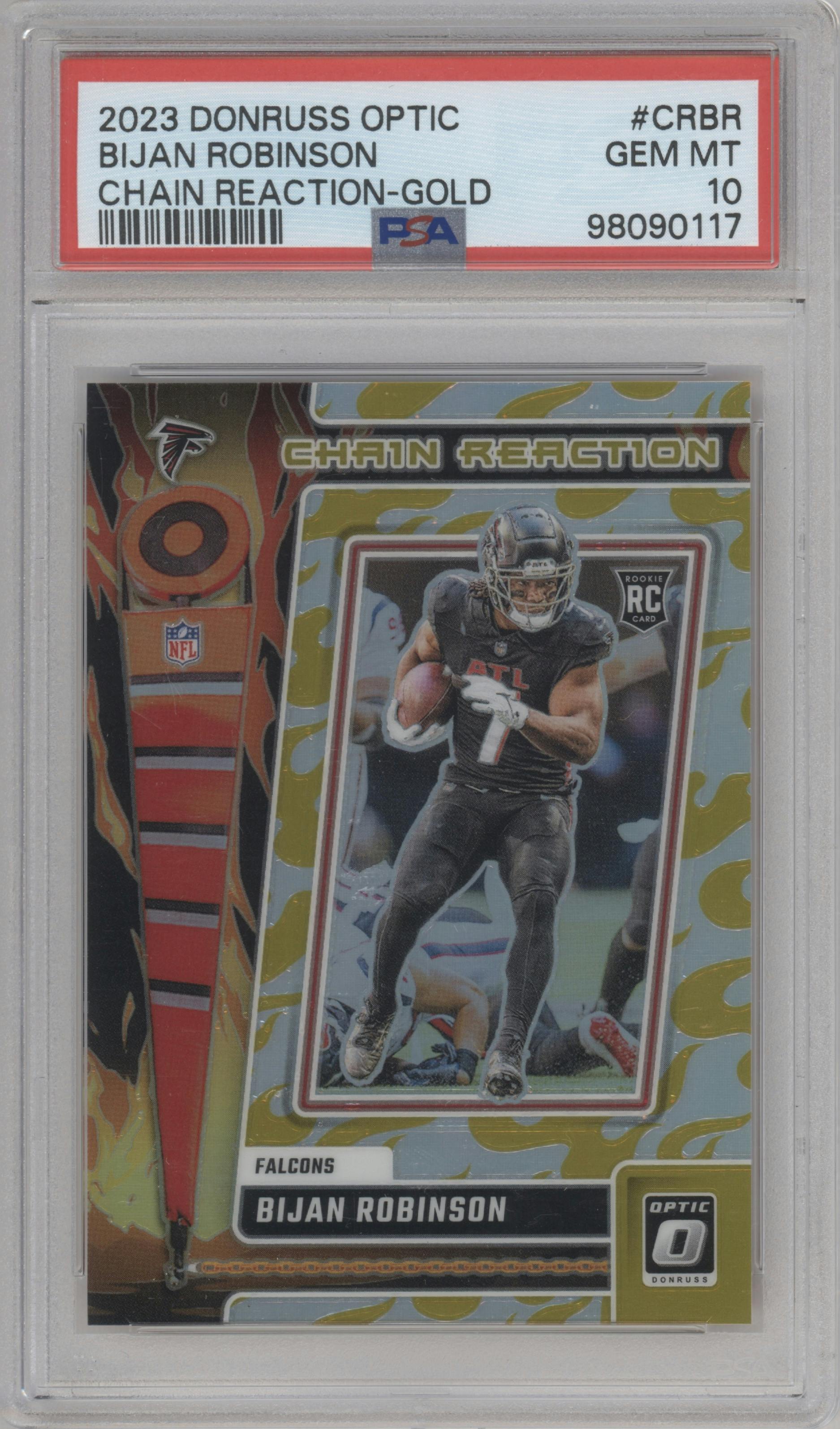Bijan Robinson from the 2023 Donruss Optic set featuring a Gold  parallel graded by PSA and given an overall grade of 10.