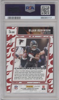 Bijan Robinson from the 2023 Donruss Optic set featuring a Gold  parallel graded by PSA and given an overall grade of 10.