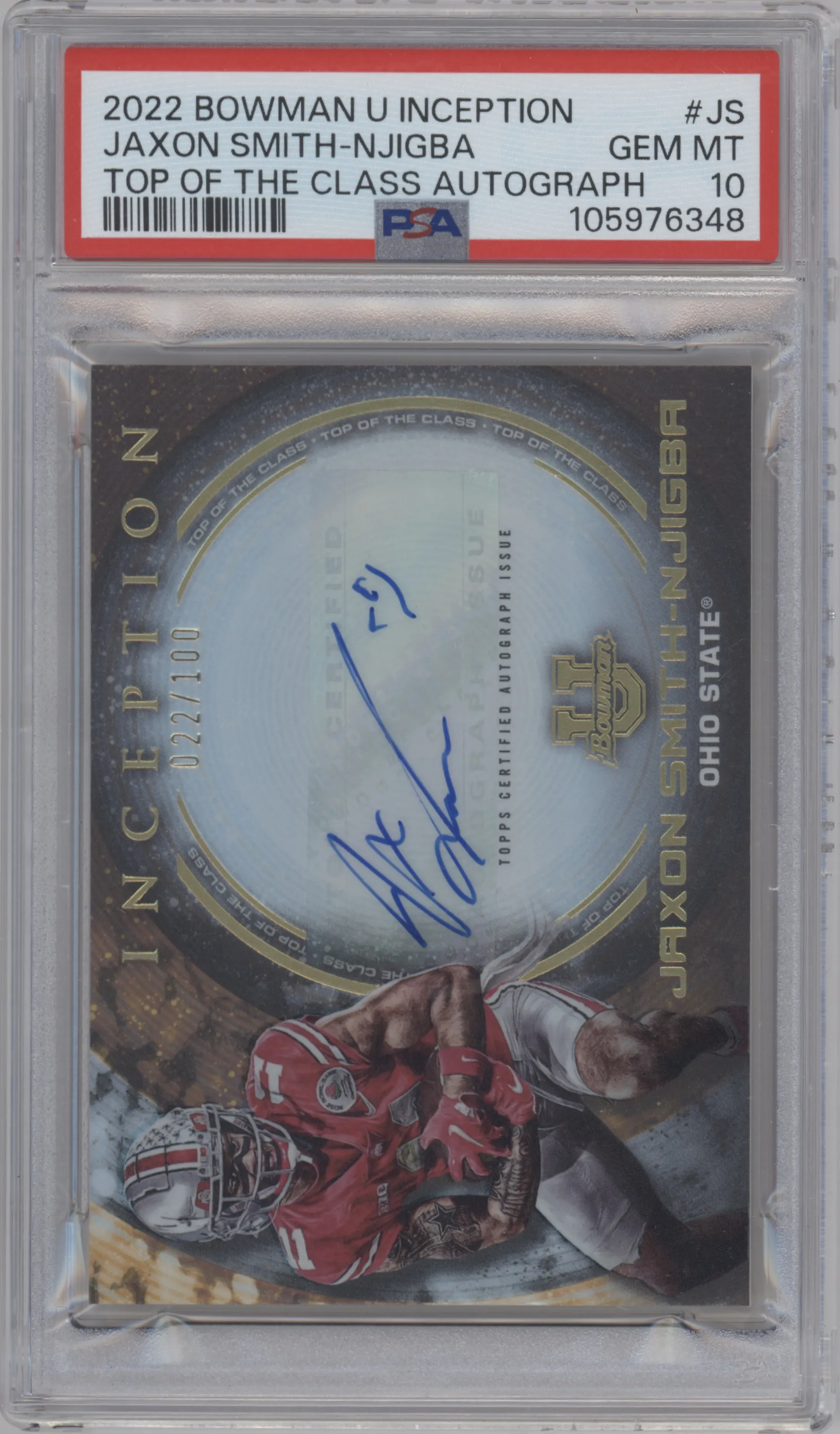 2022 Bowman University Inception Top of the Class Auto Jaxon Smith-Njigba #TOP-JS PSA 10