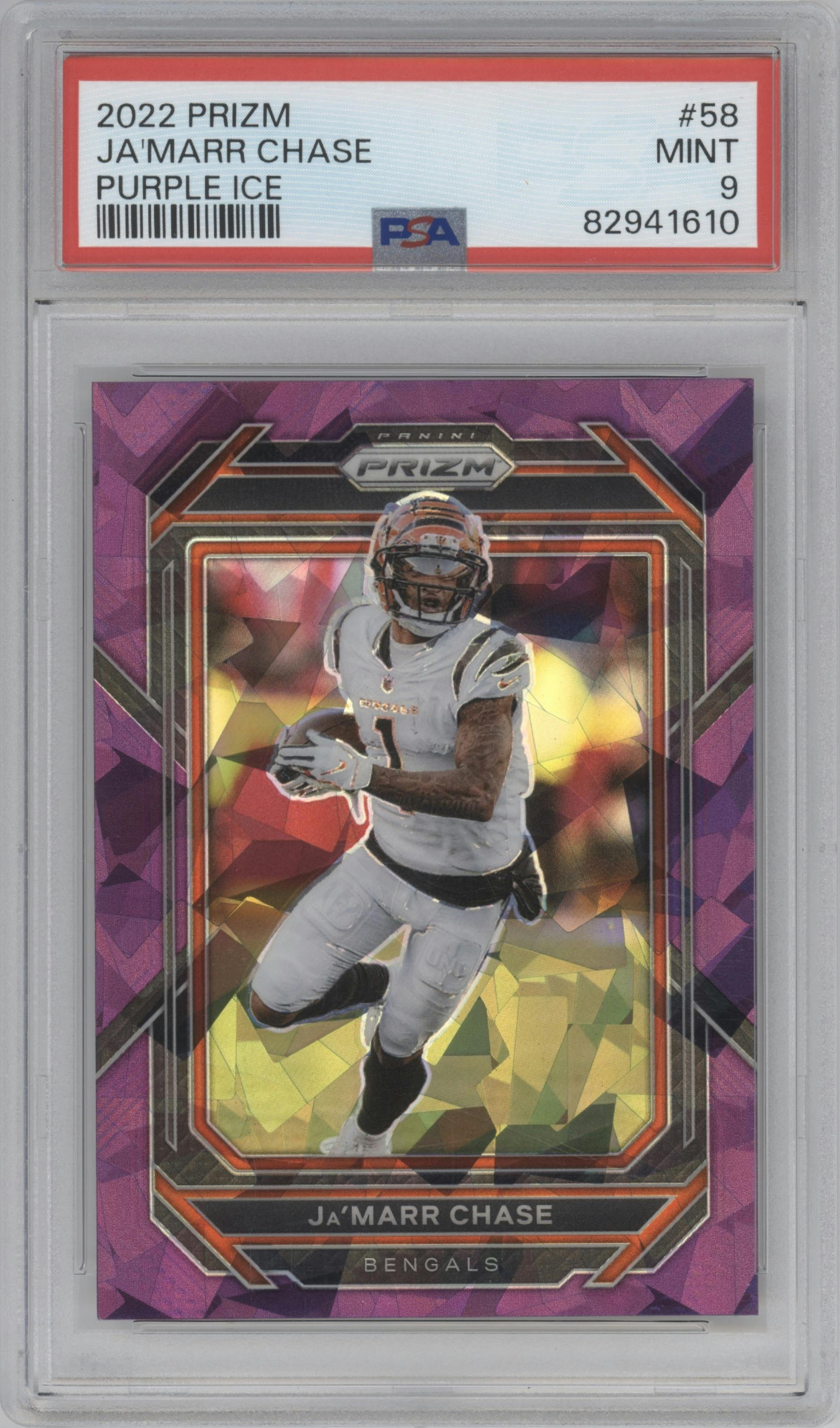  Ja'Marr Chase from the 2022 Panini Prizm set featuring a Purple Ice parallel graded by PSA and given an overall grade of 9.