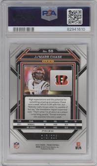  Ja'Marr Chase from the 2022 Panini Prizm set featuring a Purple Ice parallel graded by PSA and given an overall grade of 9.