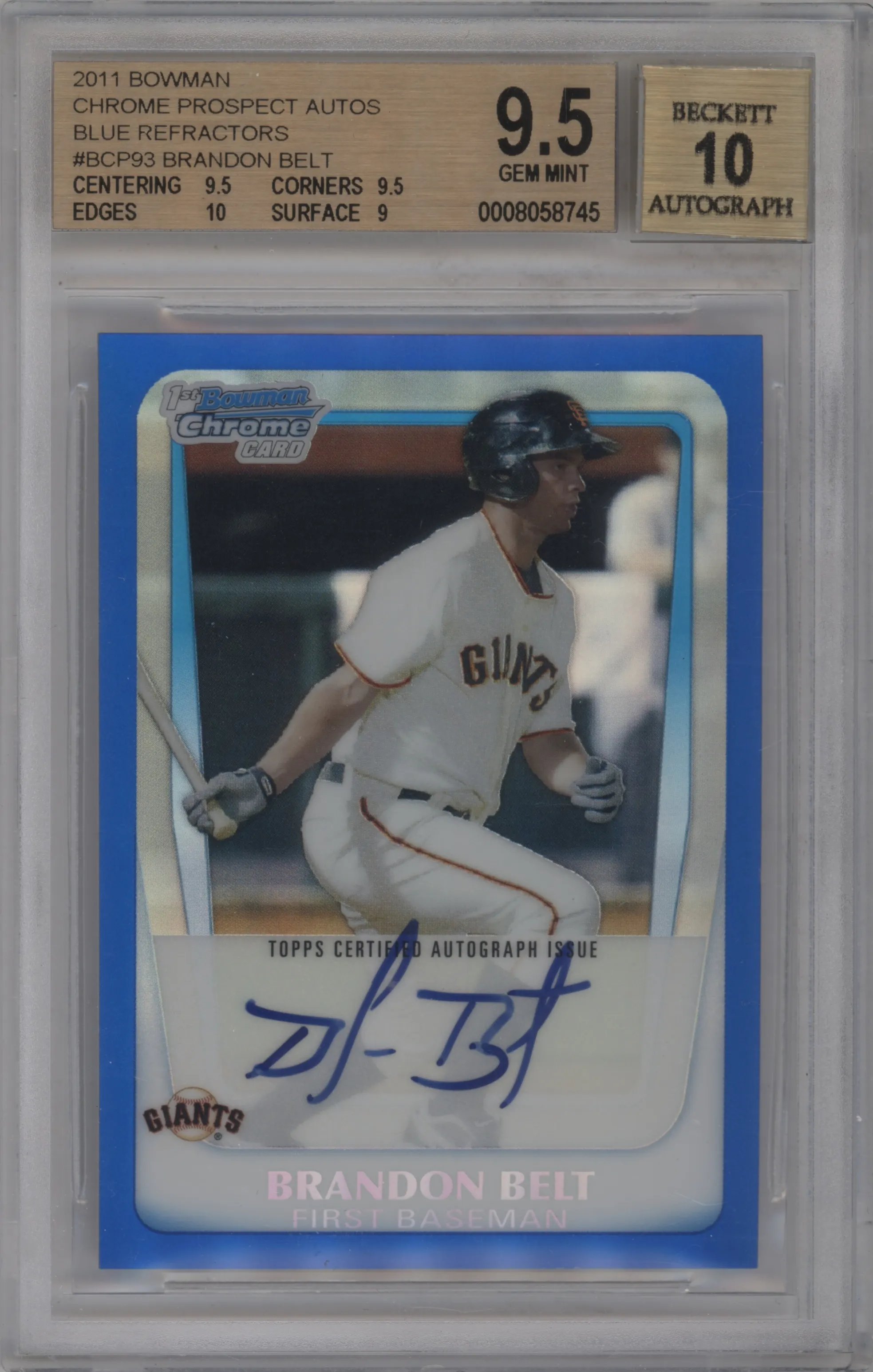 2011 Bowman Pros.Auto Brandon Belt Blue Ref. BGS 9.5