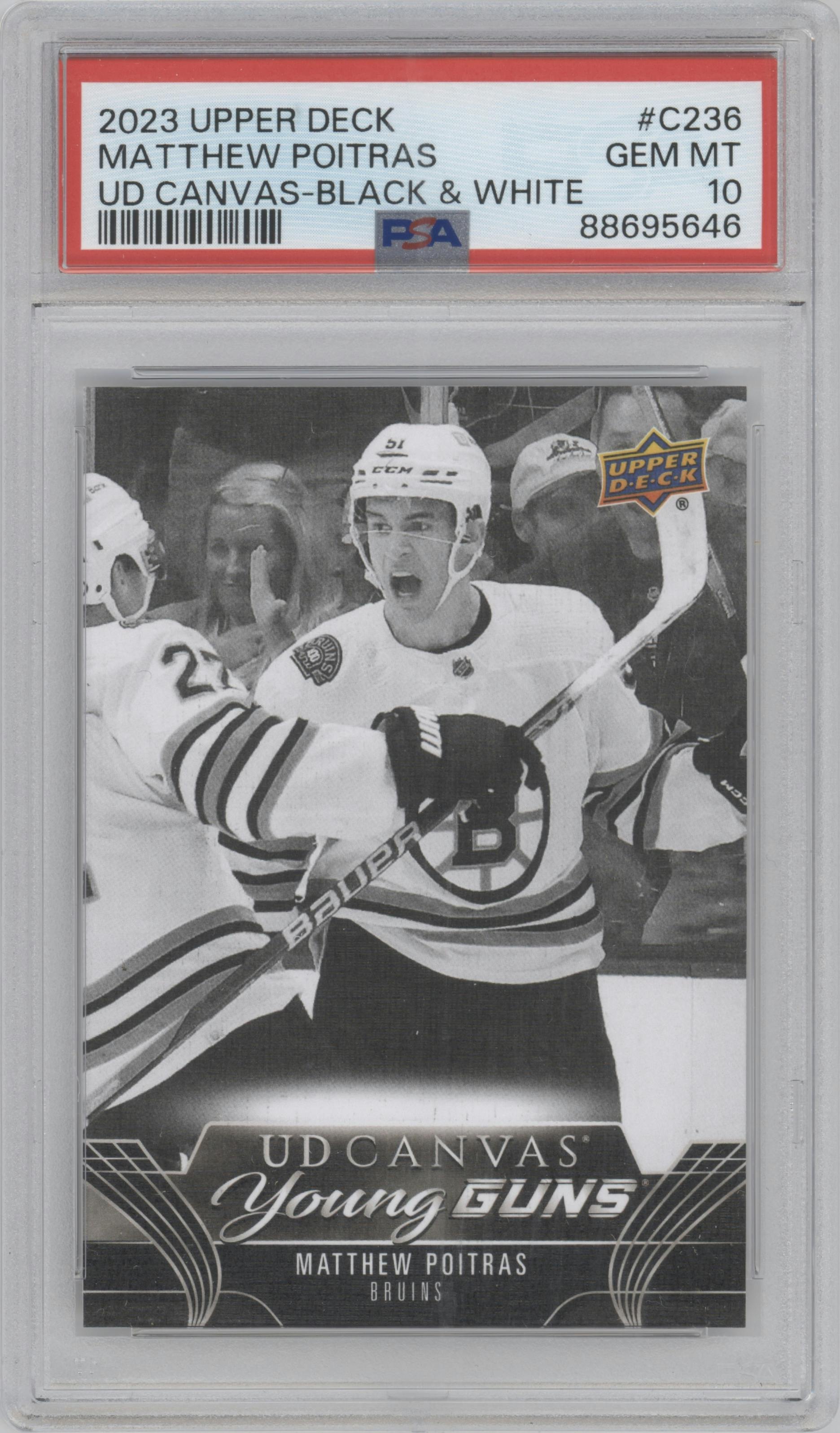 Matthew Poitras from the 2023-24 Upper Deck Series 2 set featuring a Black & White parallel graded by PSA and given an overall grade of 10.