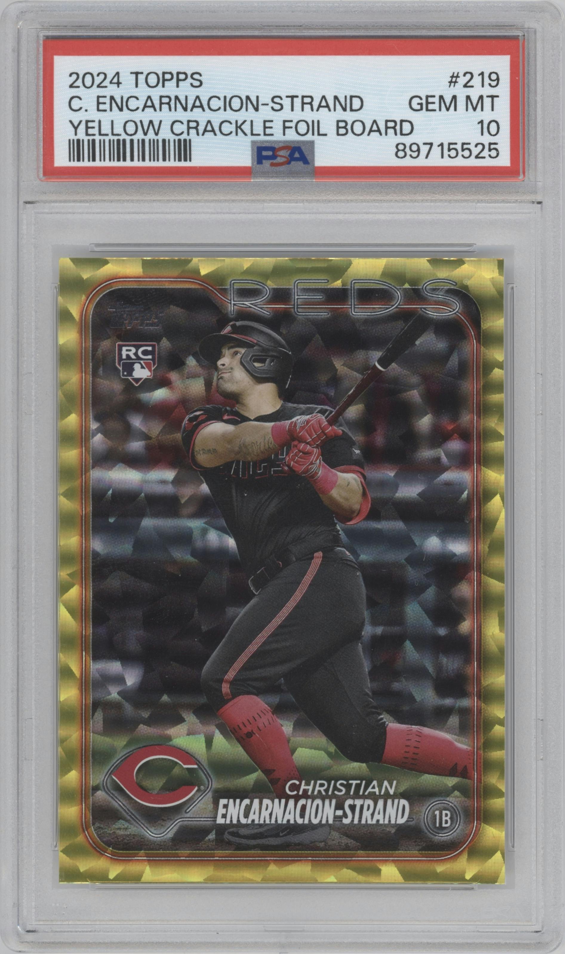 Christian Encarnacion-Strand from the 2024 Topps  set featuring a Yellow Crackle Foil parallel graded by PSA and given an overall grade of 10.