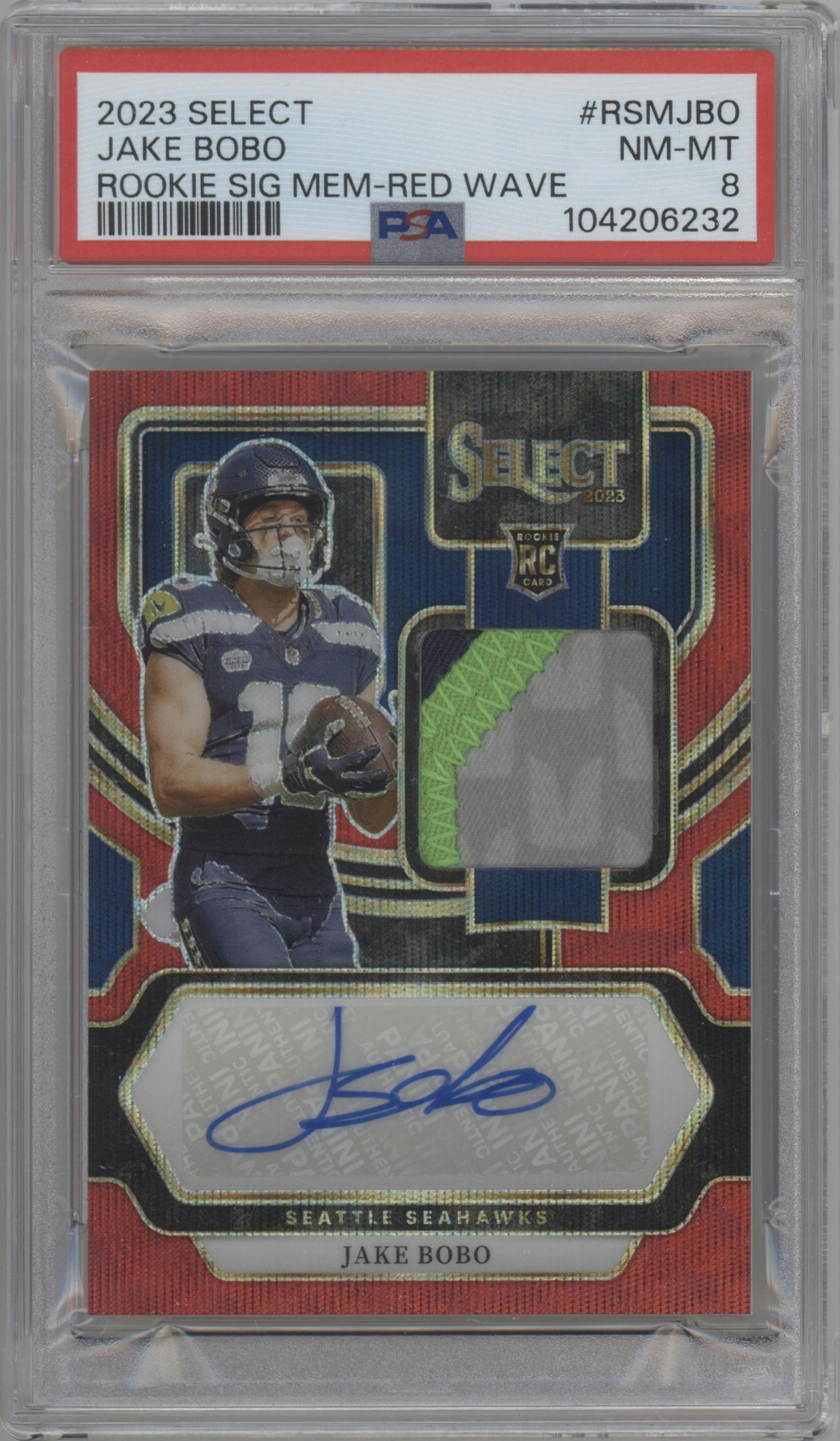 Jake Bobo from the 2023 Panini Select set featuring a Red Wave Prizm parallel graded by PSA and given an overall grade of 8.