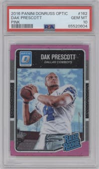 Dak Prescott from the 2016 Panini Donruss Optic set featuring a Pink parallel graded by PSA and given an overall grade of 10.